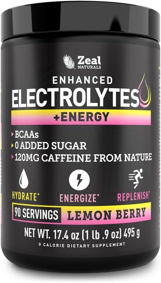 Electrolytes Powder with Caffeine – Enhanced Keto Energy & Hydration Drink Mix – Zero Sugar Electrolyte Powder w BCAAs B-Vitamins Potassium Zinc Magnesium – (90 Servings | Lemon Berry)