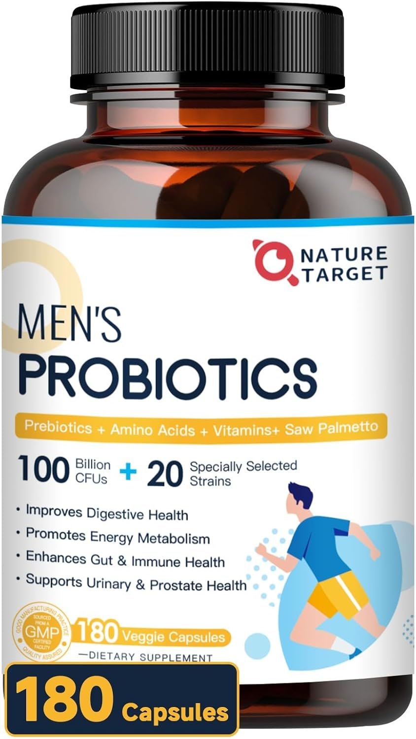 NATURE TARGET Probiotics for Men – 100 Billion CFUs – Probiotics for Digestive Health with Enzymes & Prebiotics & Saw Palmetto, 180 Veg Capsules