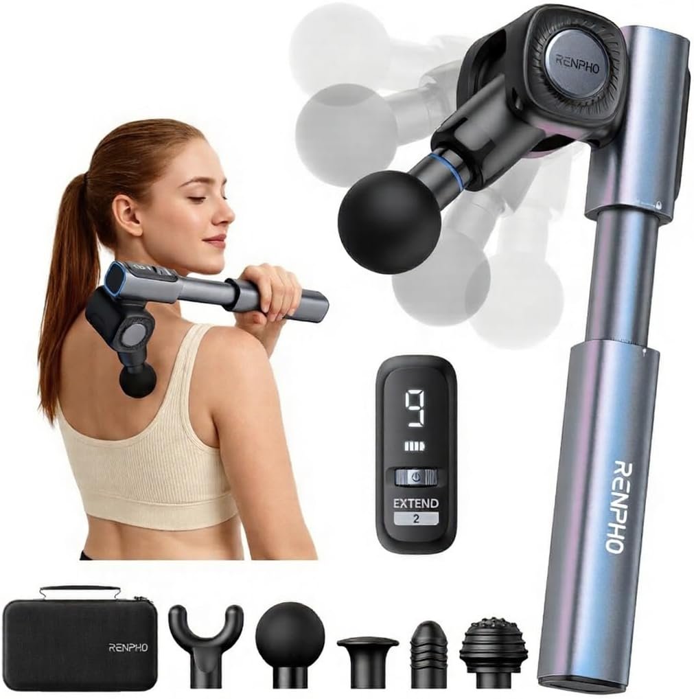 RENPHO Foldable Massage Gun with Extension Handle for Back, 0-90° Adjustable Angle, FSA Eligible, Handheld Percussion Deep Tissue Massager with 9mm Amplitude for Pain Relief HSA, Gifts for Men Women