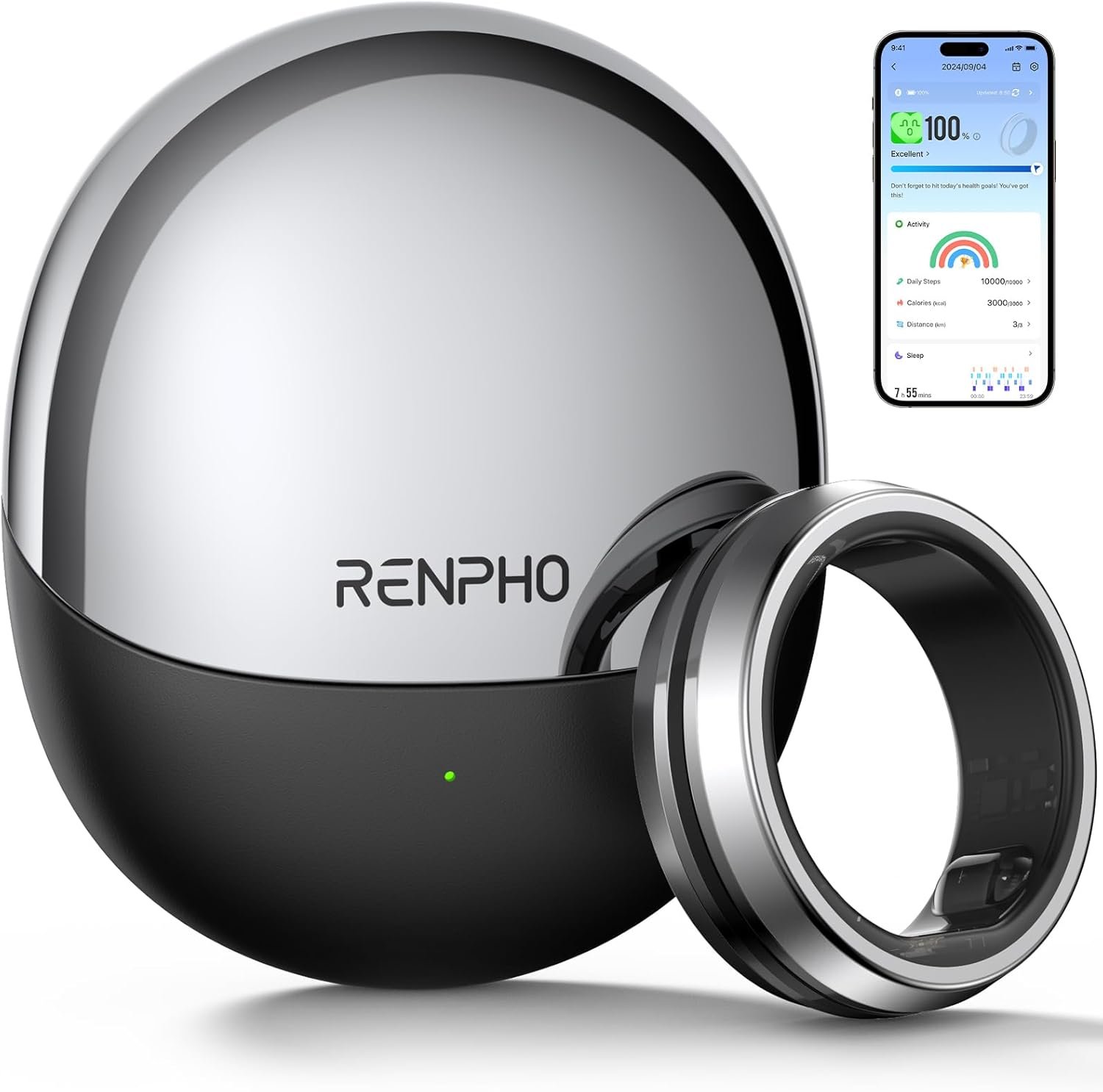 RENPHO Lynx Smart Ring, Subscription-Free App, Silver, Size 10 | All Day Sleep & Activity Tracking, Includes Charging Case, 7-Day Battery Life, Size Before You Buy