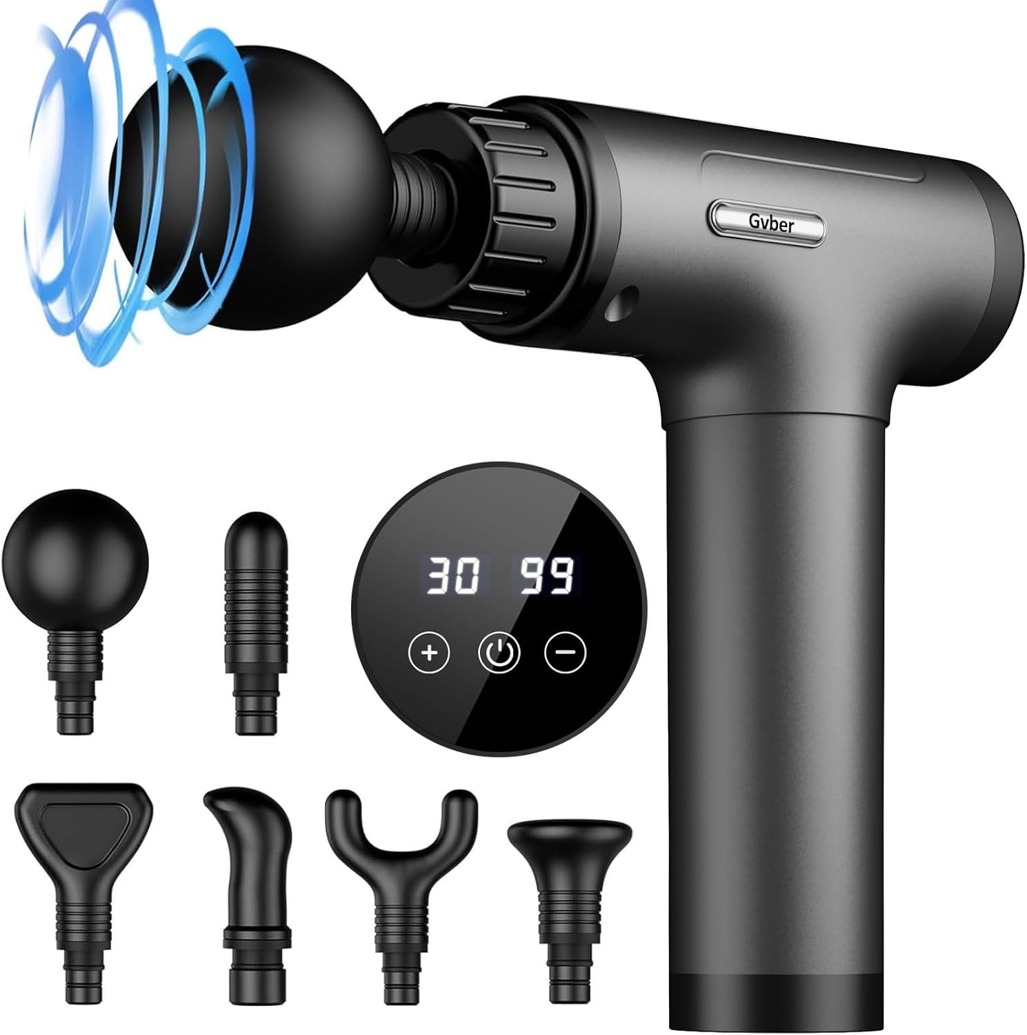 Massage Gun 30 Speed 6 Heads Percussion Muscle Pain Relief, Grey | Handheld Quiet Deep Tissue Back Massager Relieves Back, Neck, Shoulder, Leg & Foot for Athletes & Home Gym