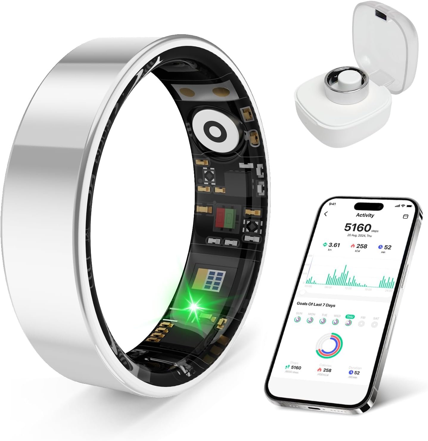 Smart Ring Health Tracker， Sleep/Exercise Monitoring, iOS/Android, IP68 Waterproof, No Subscription, 5-Day Battery for Women & Men (Silver, 8)