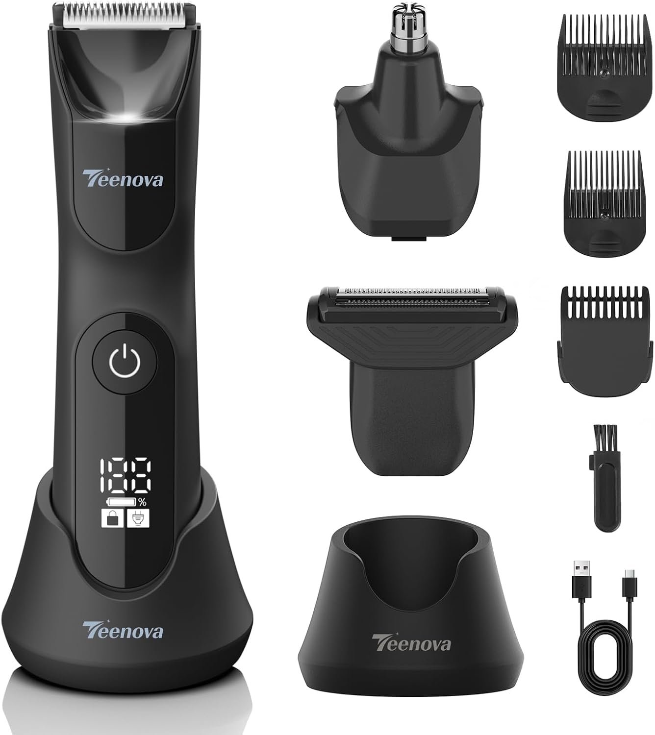 Manscape Body Hair Trimmer for Men, No Nick Pubic Bikini Trimmer for Women, 3 in 1 Versatile Groin Shaver with Nose Hair Trimmer, Cordless Dock Charging, LED Display, Wet/Dry Grommer (Black)
