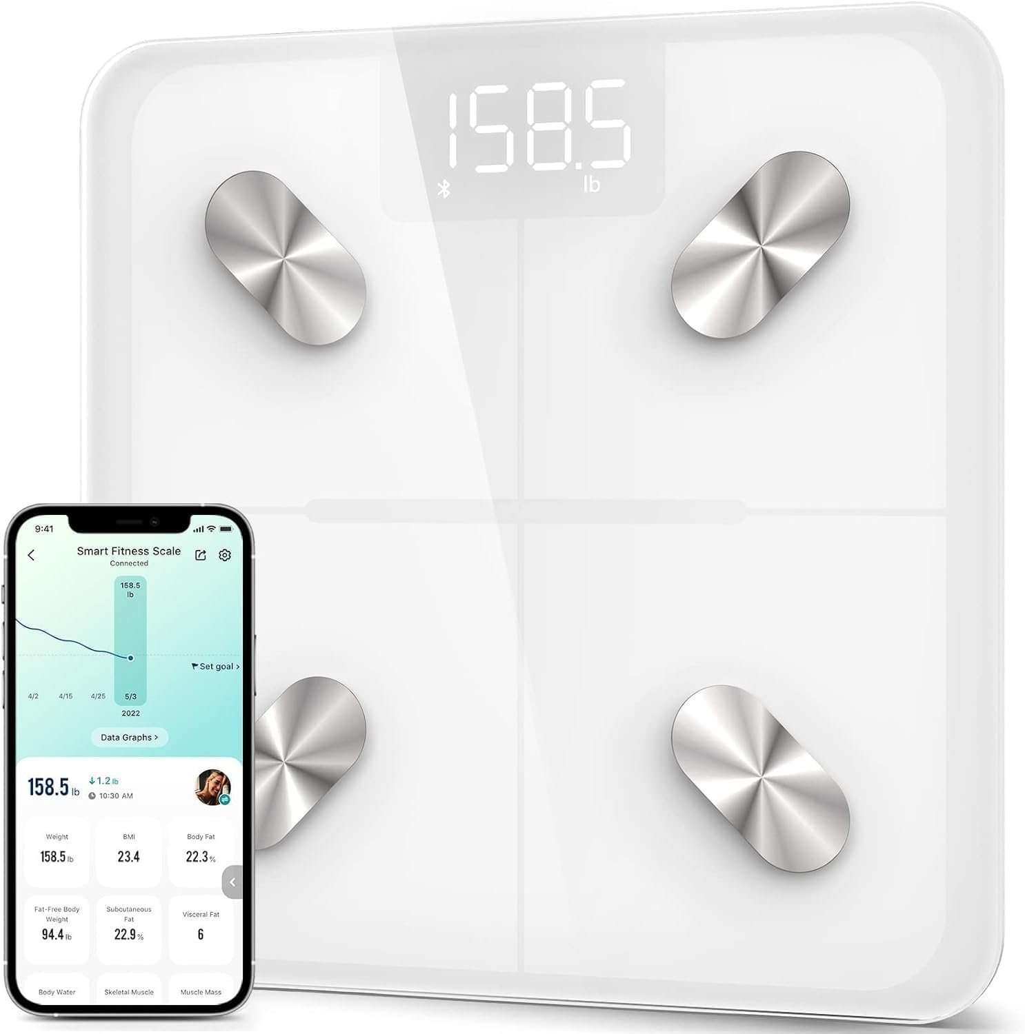 Etekcity Smart Scale for Body Weight and Fat Percentage, Digital Bathroom Accurate Weighing Machine for People’s BMI Muscle, Bluetooth Electronic Body Composition Monitor Syncs with App, 400lb, White