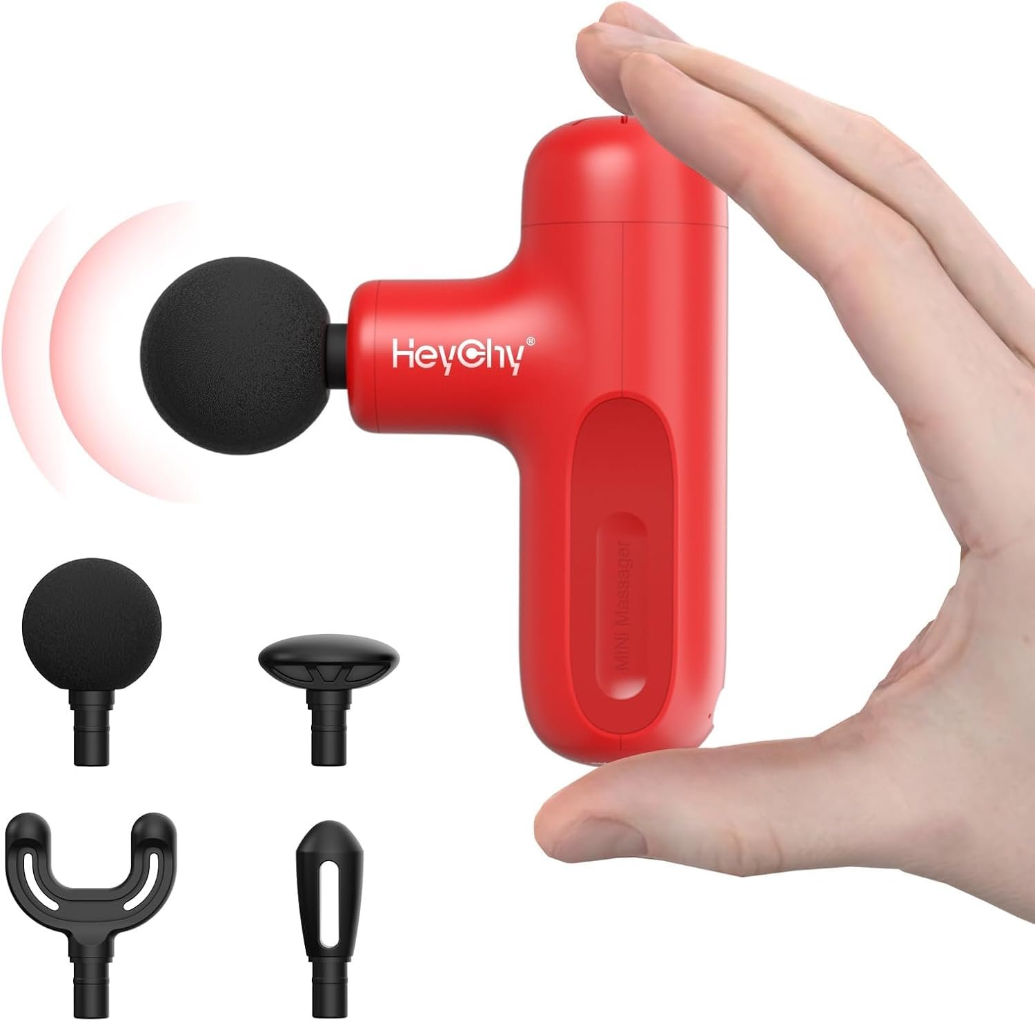 HEYCHY Super Mini Massage Gun Deep Tissue, Handheld Muscle Massager with 4 Heads, Percussion Travel Size Massager Gun FSA Eligible for Men Women Back Relief, Quiet for Home, Gym, Office, HSA, Red