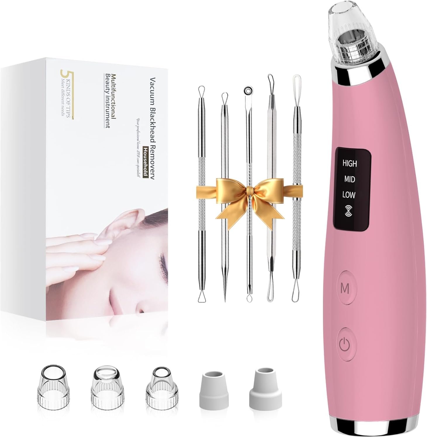 Pore Vacuum Blackhead Remover – Pore Extractor with 5 Attachments & 3 Suction Levels – Blackhead Remover Tools for Women and Men (Pink)