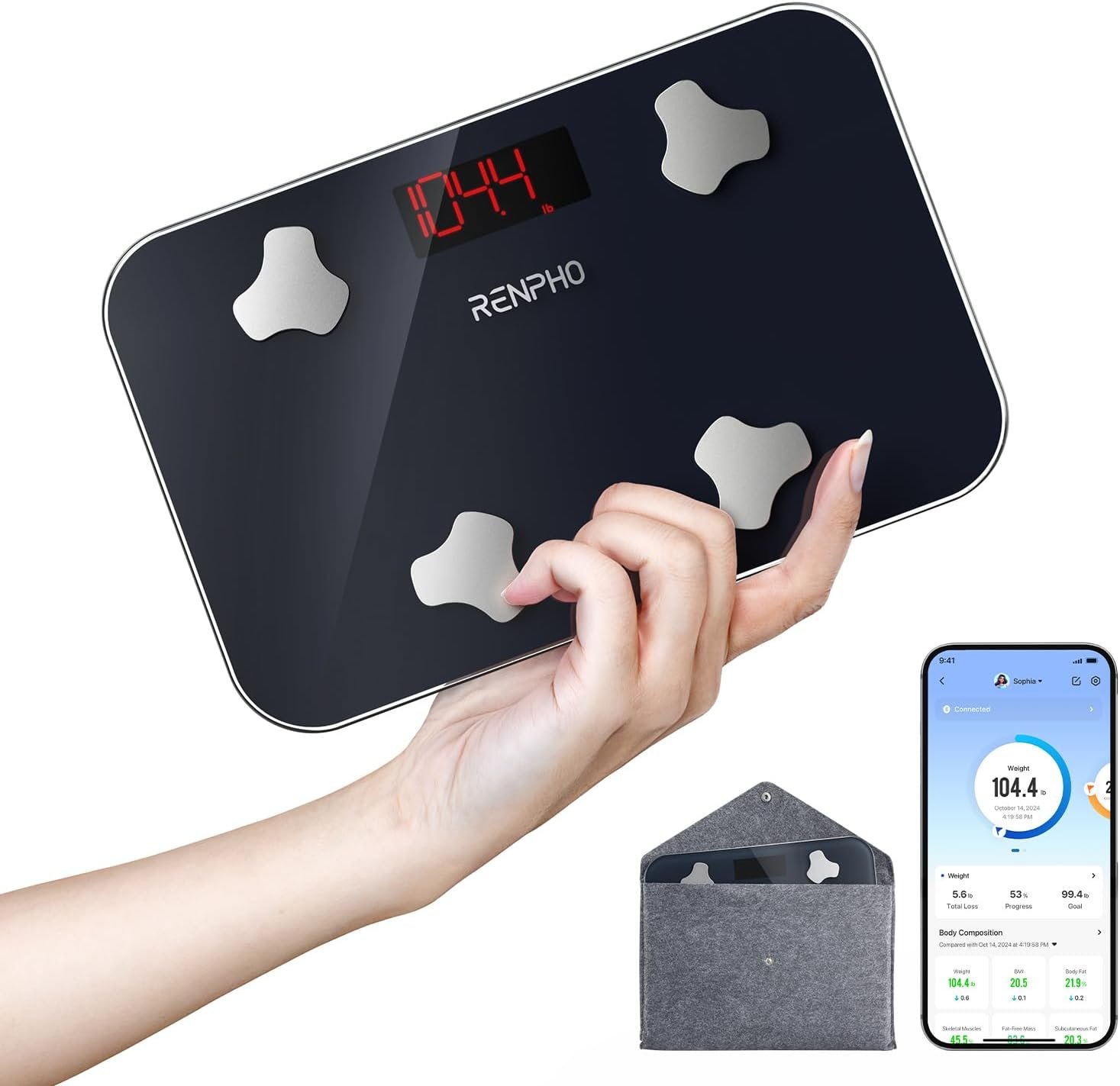 RENPHO Travel Smart Scale for Body Weight, 13 Metrics, Batteries Included | Compact Body Composition Scale for Body Fat & Muscle Mass, Small Digital Bathroom Scale for Travelling, Elis Go