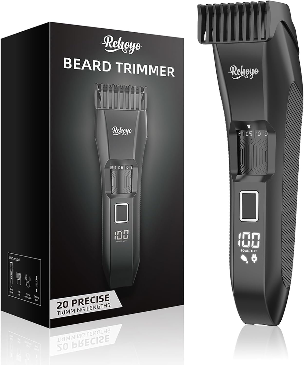 REHOYO Beard Trimmer for Men Adjustable: Professional Cordless Trimmer with 20-Length Dial – Waterproof Hair Clippers w/Stainless Steel Blades for Beard, Mustache & Face Grooming, Black