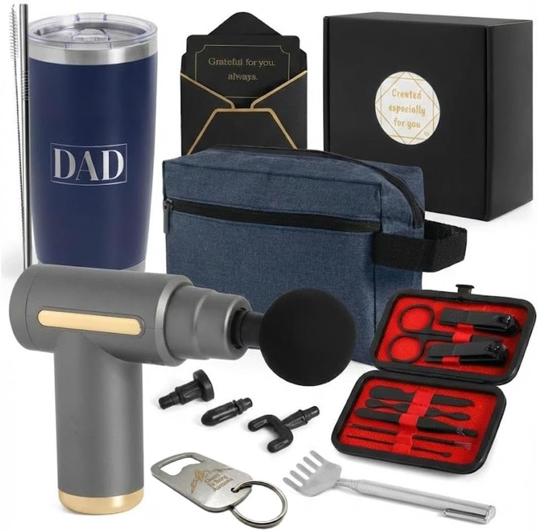 Dad Gift Box – Relaxation Kit with Massage Gun, Tumbler, Bag | 7-piece set: mini massage gun, 20oz tumbler, toiletry bag & grooming kit. Perfect Father’s Day or birthday gift for him.