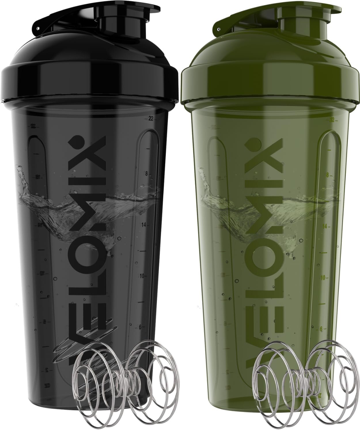 VELOMIX 2 Pack 28oz Protein Shaker Bottle for Protein Mixes, Green/Black | 2x Wire Whisk, Leak Proof Shaker Cups for Protein Shakes, Stackable, Dishwasher safe, BPA free, Pre Workout and Fitness ready
