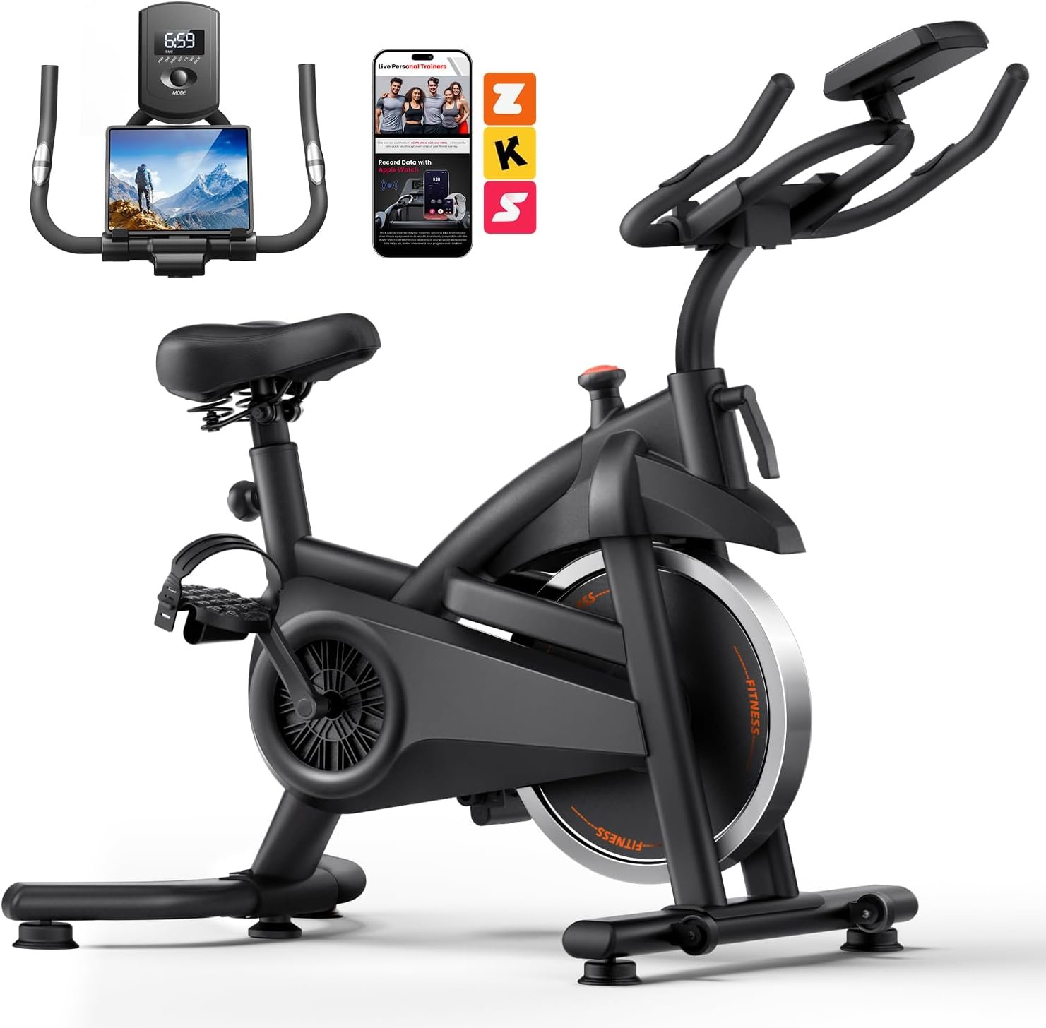 Exercise Bike,Brake Pad Stationary Bike for Home with 0-100 Resistance & App, Silent Belt Drive Stationary Workout Bike for Home with Comfort Seat, Low Noise Indoor Cycling Bike with Heart Rate / Tablet & Bottle Holder
