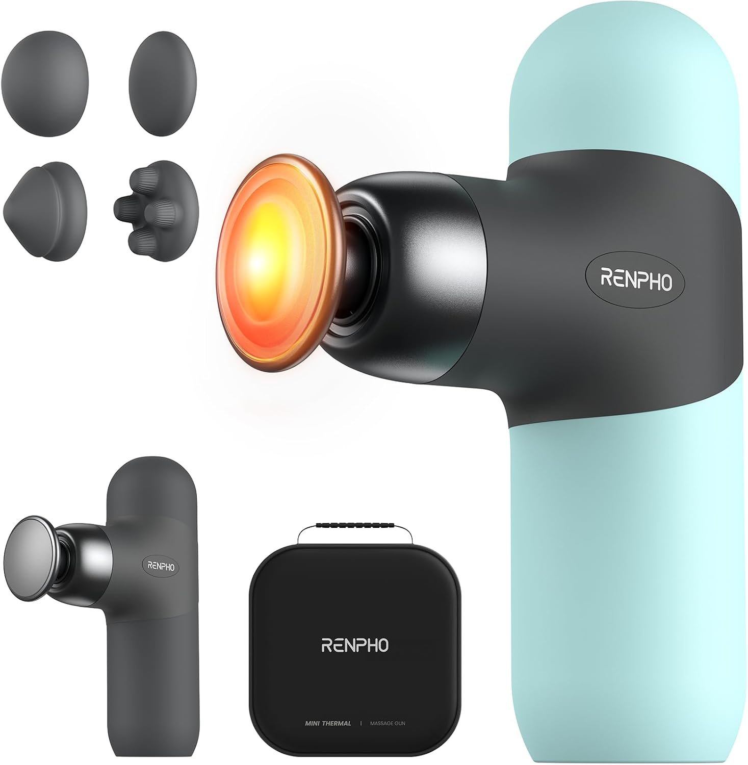 RENPHO Mini Thermal Massage Gun with Heat, Color Silicone Casing, 4 Speeds | Portable, Ultra-Quiet Mini Massage Gun, 4 Heads, Neck, Back Muscle Comfort, Carry Case, Home, Office, Travel Use, Gift Idea