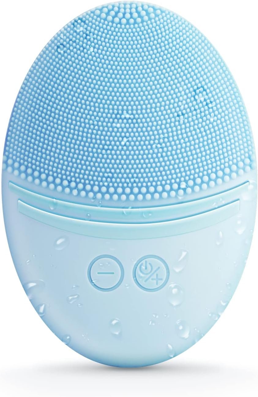 EZBASICS Silicone Facial Cleansing Brush, IPX7 Waterproof, Blue | Rechargeable Electric Face Exfoliator, 5 Speeds, Sonic Vibrating for Deep Pore Cleansing & Gentle Massaging