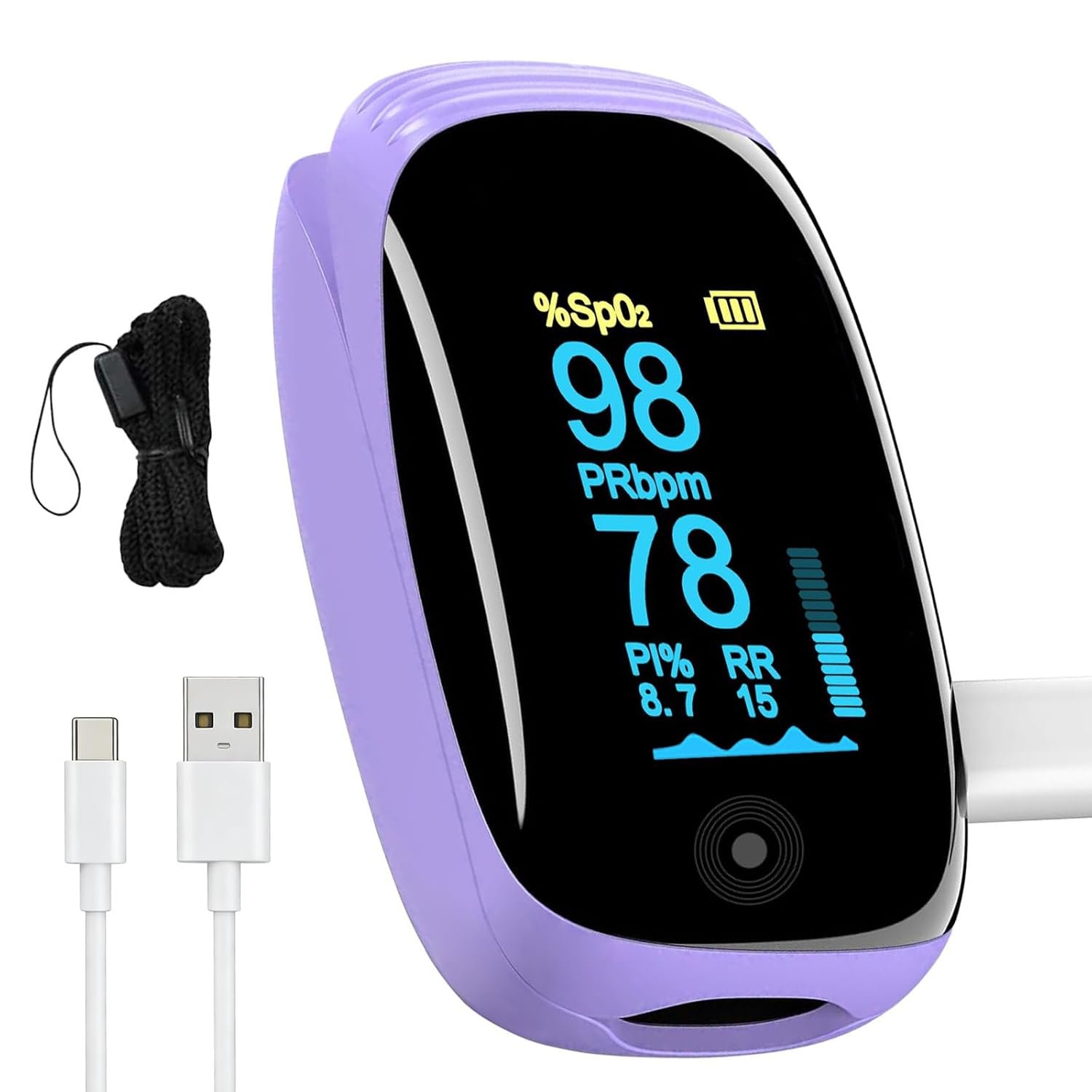 Rechargeable pulse oximeter with respiration, with SpO2 Pulse Rate and PI RR Precision Fast Oximeter SpO2 Reading Outdoor Sports Home (Purple)