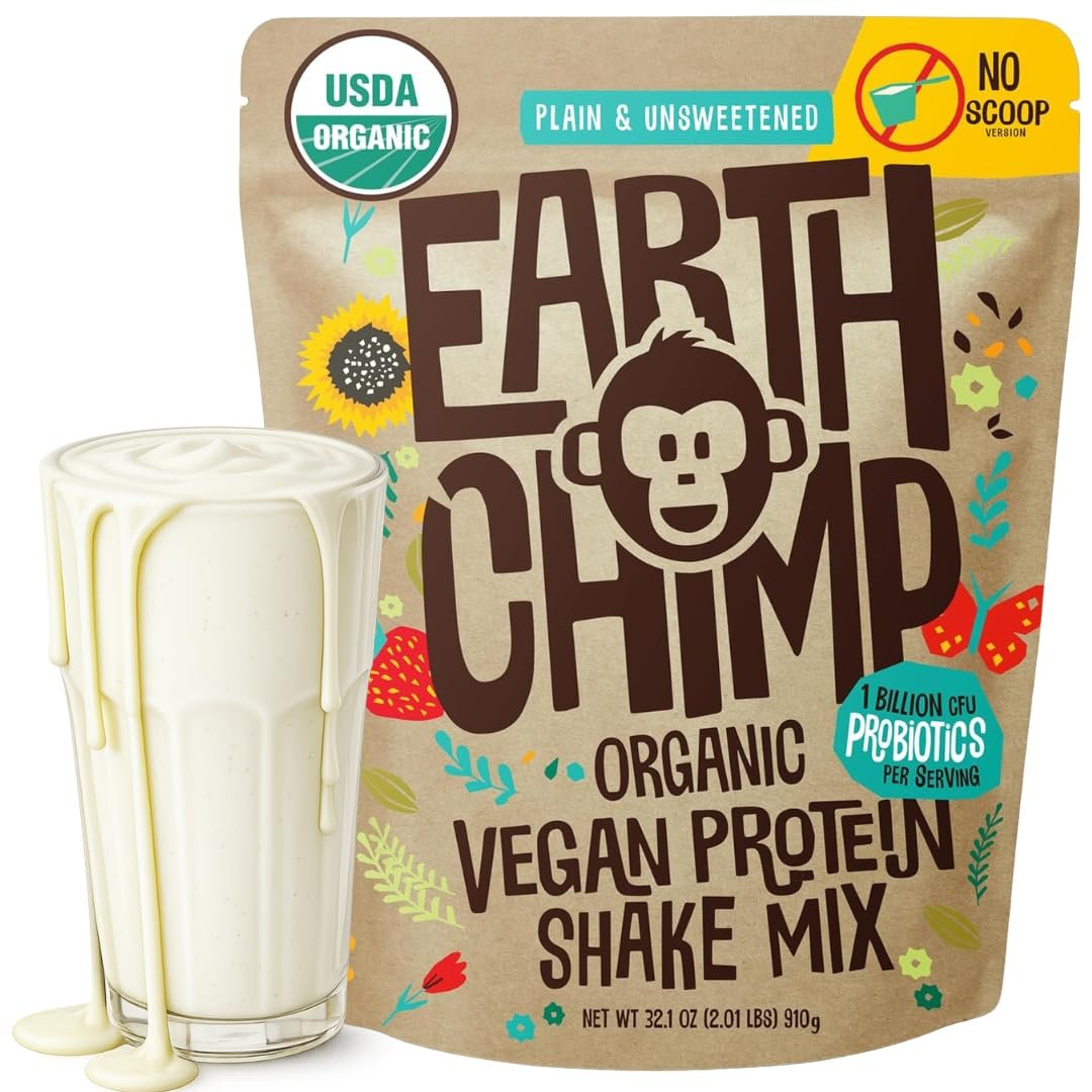 EarthChimp Organic Vegan Protein Powder – with Probiotics – Non GMO, Dairy Free, Non Whey, Plant Based Protein Powder for Women and Men, Gluten Free – 26 Servings 32 Oz (Plain & Unsweetened) No Scoop