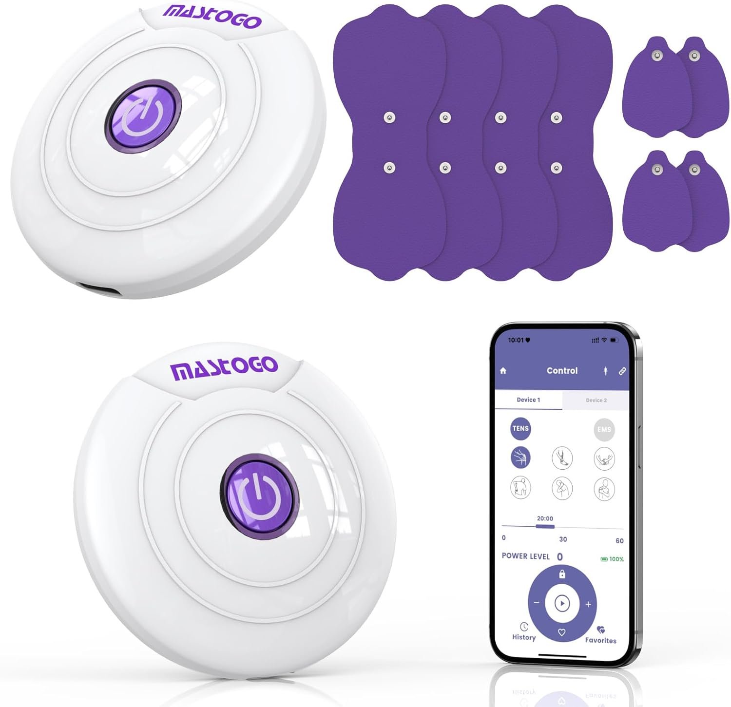 MASTOGO APP Wireless TENS Unit Muscle Stimulator 12 Modes for Pain Relief | Dual Host Independent Control, EMS Muscle Stimulator for Back, Shoulder, Legs Pain Relief, 20 Intensity, 8 Pcs Electrode Pads