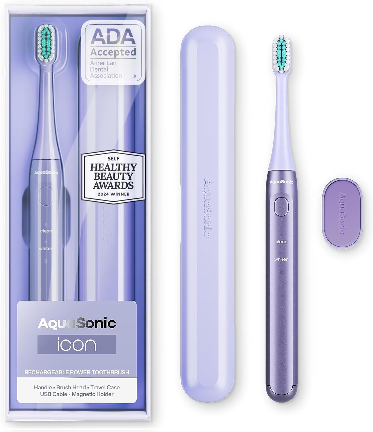 Aquasonic Icon ADA-Accepted Rechargeable Toothbrush | Magnetic Holder & Slim Travel Case | 2 Brushing Modes & Smart Timers | Gentle Micro-Vibrations (Lilac)