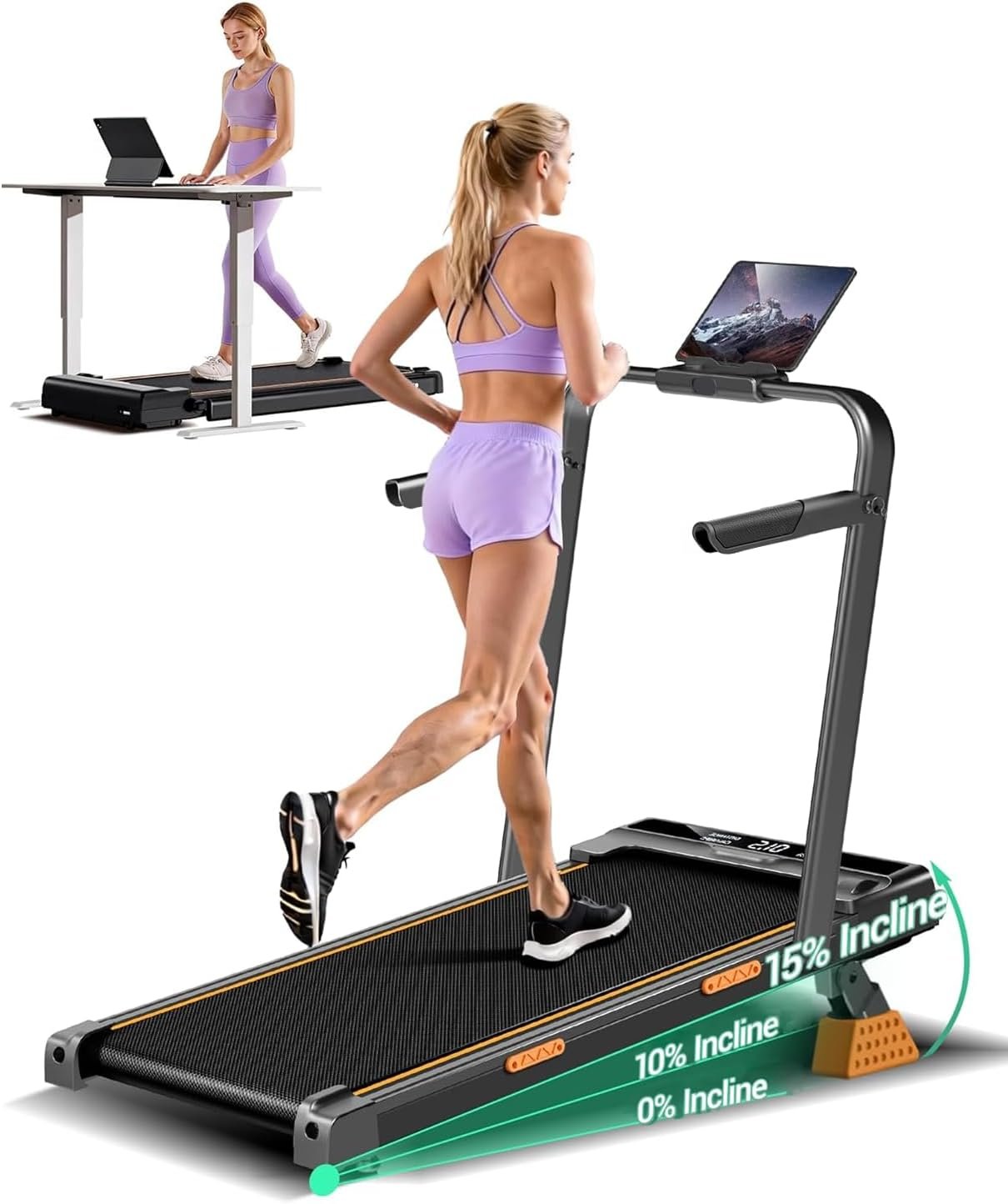 LONTEK Walking Pad with 15% Incline & Handle Bar, Treadmills for Home Small | Compact, Foldable, Portable, Under Desk, 6.2MPH, Quiet 2.5HP, with Remote & LED Screen, 330lb Capacity, Home Office Gym