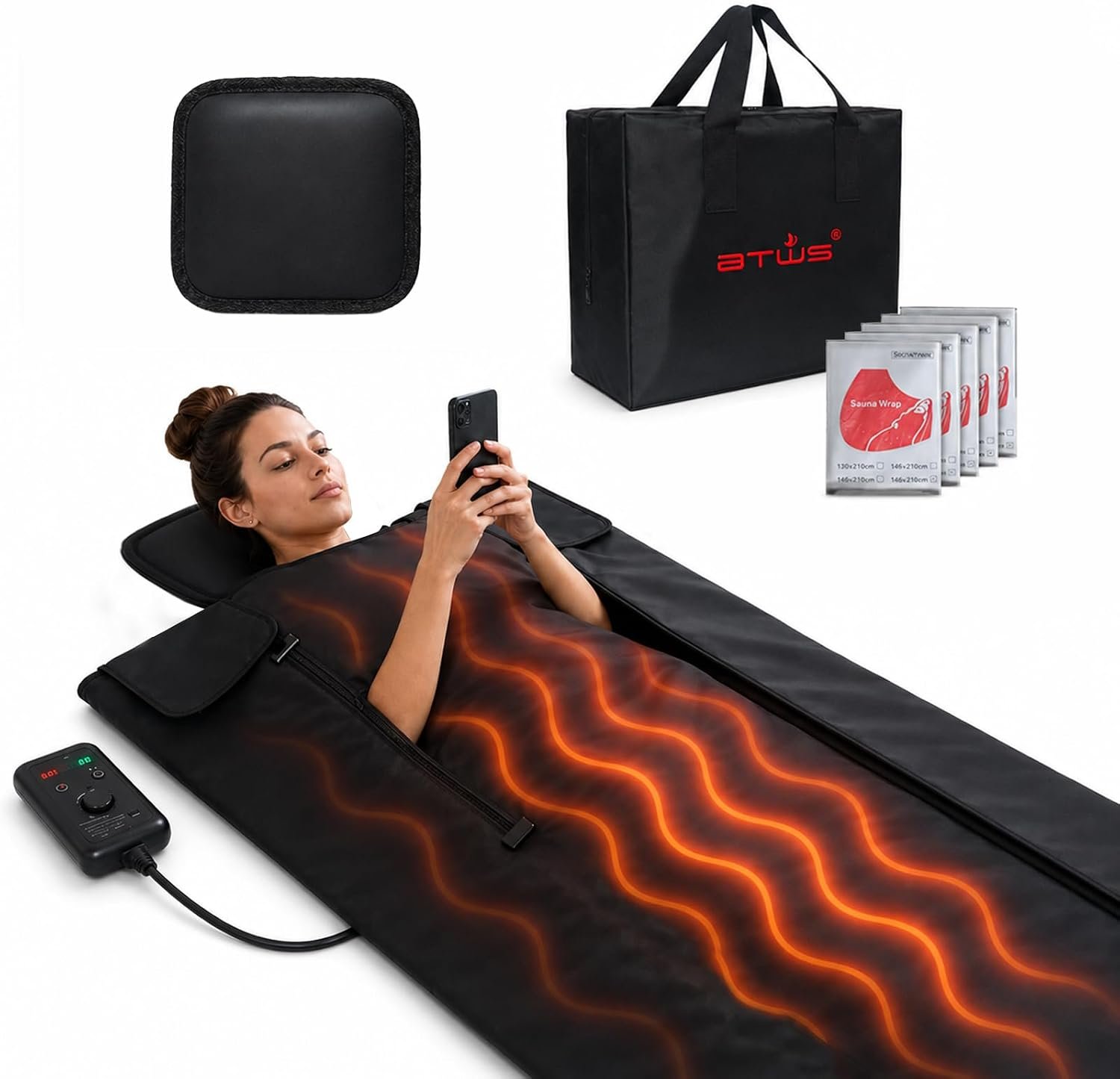 Infrared Sauna Blanket –Low EMF Safe with Support Pillow,Size 6 ft x 2.6 ft,Durable PU Leather Cover Detox & Relaxation at Home Adjustable Timer,5 Pcs Detox Bags,Gifts for Family
