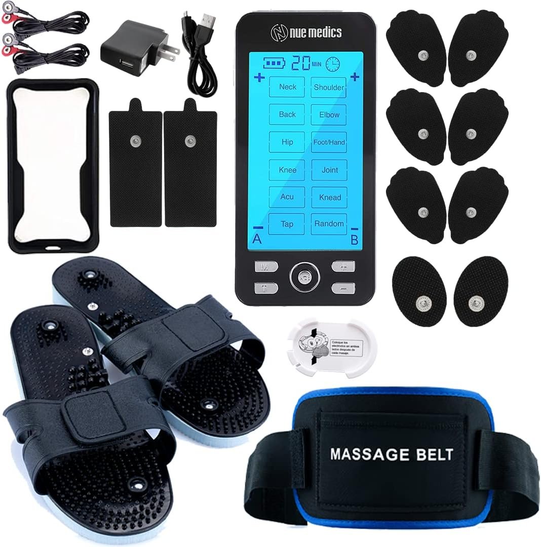 TENS Unit Muscle Stimulator for Pain Relief Muscle Therapy Rechargeable EMS Device with Electrode Pads,Massager Belt & Foot Slippers Included, Electric Pulse Massager for Back,Neck,Shoulder,Sciatica