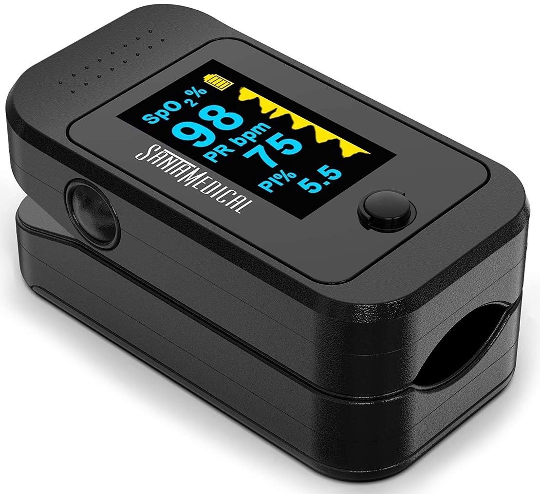 Santamedical Dual Color OLED Pulse Oximeter Fingertip Monitor (SpO2) | Blood Oxygen Saturation Monitor with Case, Batteries and Lanyard