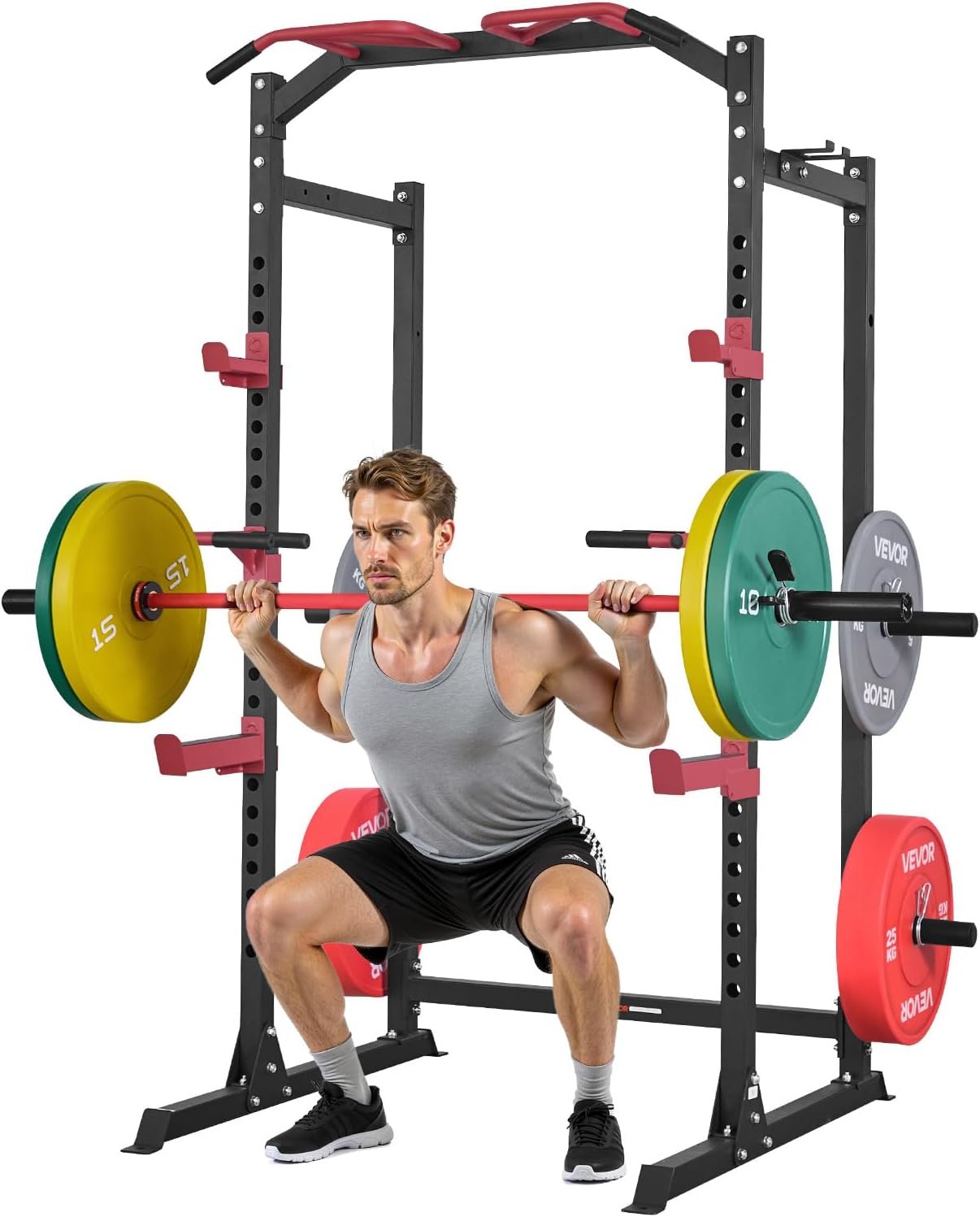 VEVOR Power Cage Power Rack, Multifunctional Barbell Squat Rack with Adjustable Height, Home Gym Strength Training Workout Equipment with J-Hooks & More Fitness Attachment for Bench Press Pull-Up Dips