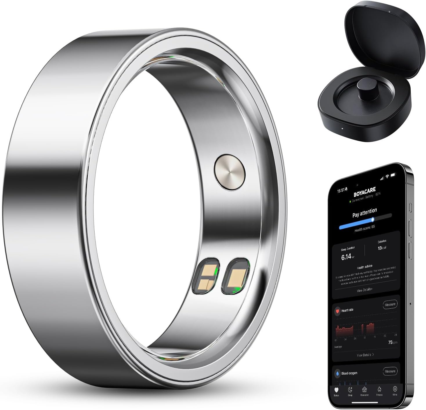 Smart Ring for Women/Men, Fitness Tracker Ring with Call & Alarm Vibration, Heart Rate, Blood Oxygen, Sleep Tracker, Women Cycle Prediction, 5ATM Waterproof, No App Fees (Silver, 10)