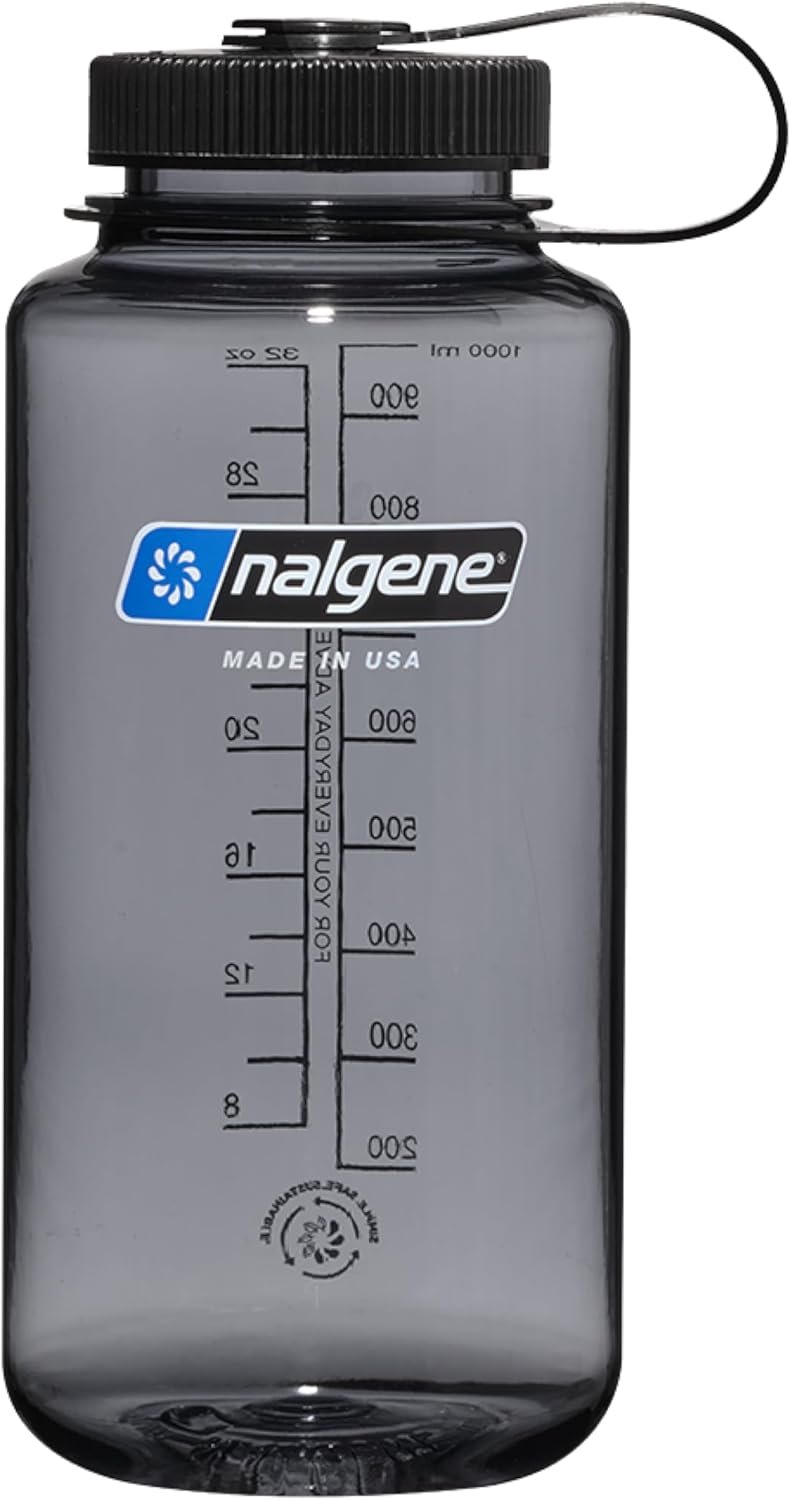 Nalgene 32 oz Wide Mouth Water Bottle, Gray w/ Black Lid | BPA-Free, Durable & Lightweight, Leak Proof, Dishwasher Safe, Large Reusable Plastic Bottle for Hiking, Gym, Work & Travel