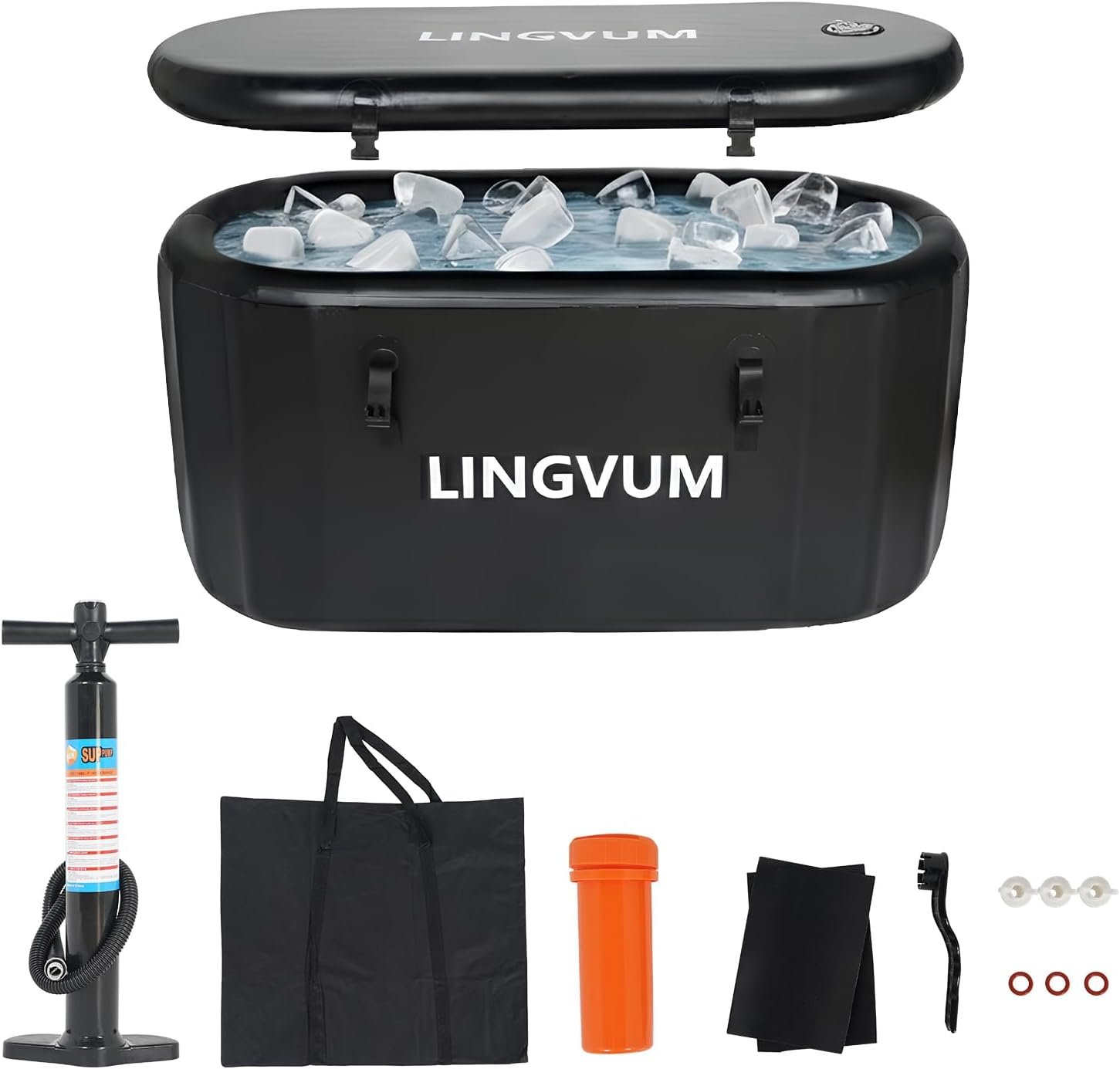 XXL Inflatable Ice Bath Tub for Athletes, 195 Gallon Cold Plunge Tub with Lid, Water Chiller Compatible, Portable Oval Freestanding Bathtub for Cold Water Therapy Recovery Indoor Outdoor Black