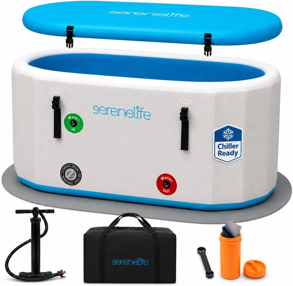 SereneLife XXL Ice Bath Tub for Athletes, 216 Gallon Inflatable Cold Plunge Tub, Water Chiller Compatible, Insulated Lid, Drop Stitch PVC, Portable Indoor Outdoor Cold Water Bath with Pump