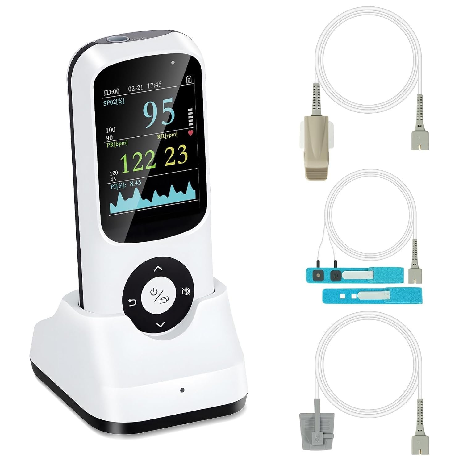 Handheld Pulse Oximeter with Respiration Rate, Overnight SpO2 Tracking, Adjustable Pulse and SpO2 Alarm, Multi-Probe Rechargeable Oxygen Monitor