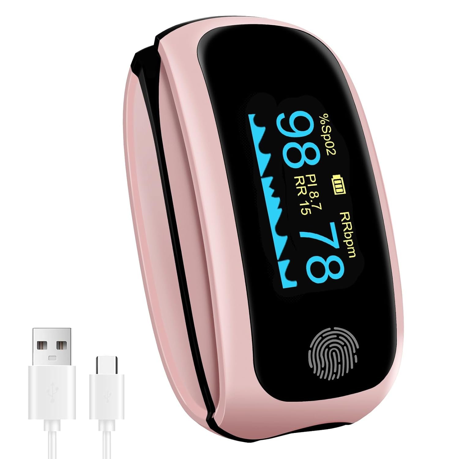 Pink Pulse Oximeter, Rechargeable oximeter with Respiratory, Respiration Rate Monitor, SpO2 PI Monitoring Devices, oxygen monitor fingertip for Sports Aviation Use Only Pink