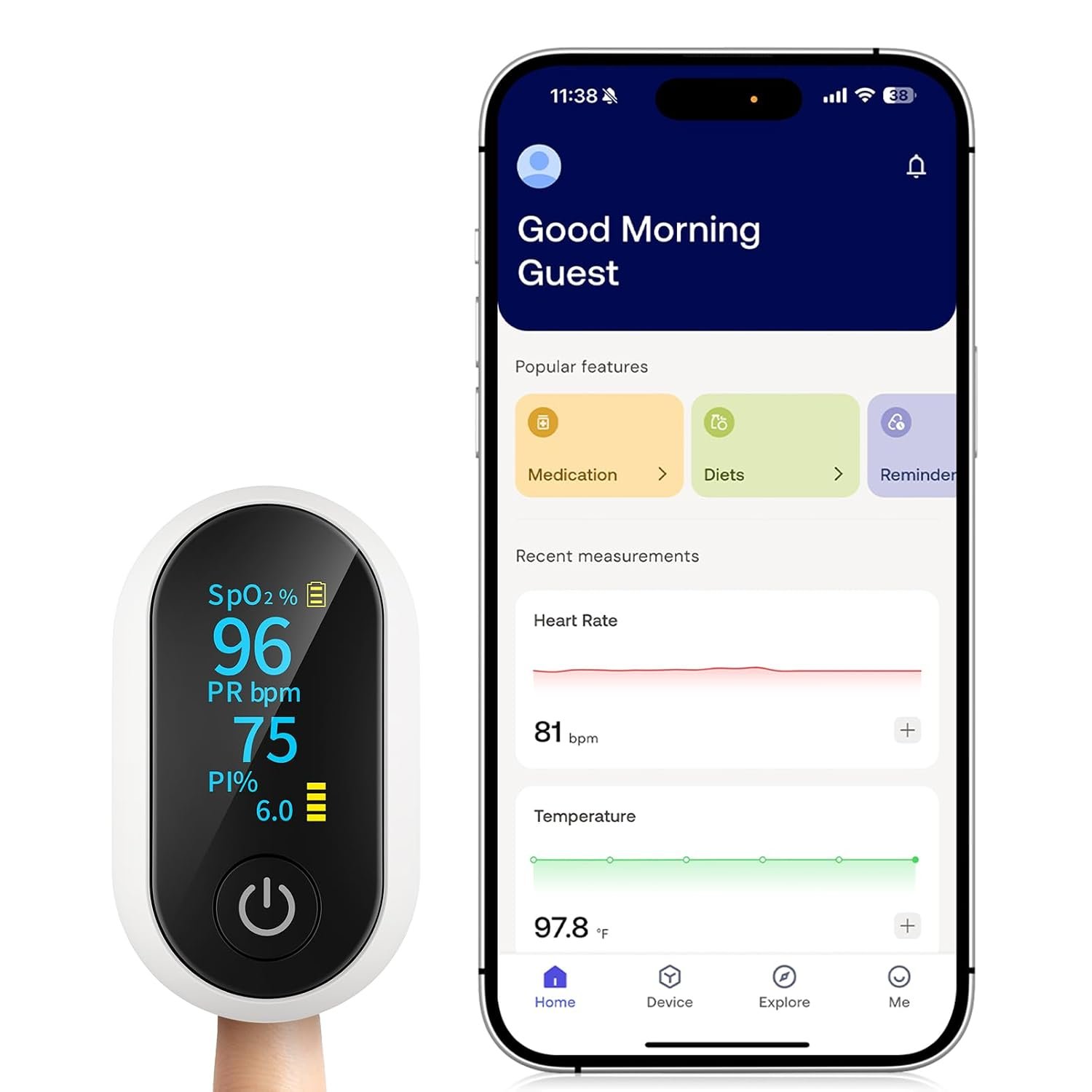 Bluetooth Pulse Oximeter Fingertip, Smart Blood Oxygen Saturation Monitor with App for Sports & Aviation, Accurate SpO2 & Heart Rate Reader with Full OLED Screen, Perfusion Index, Batteries Included