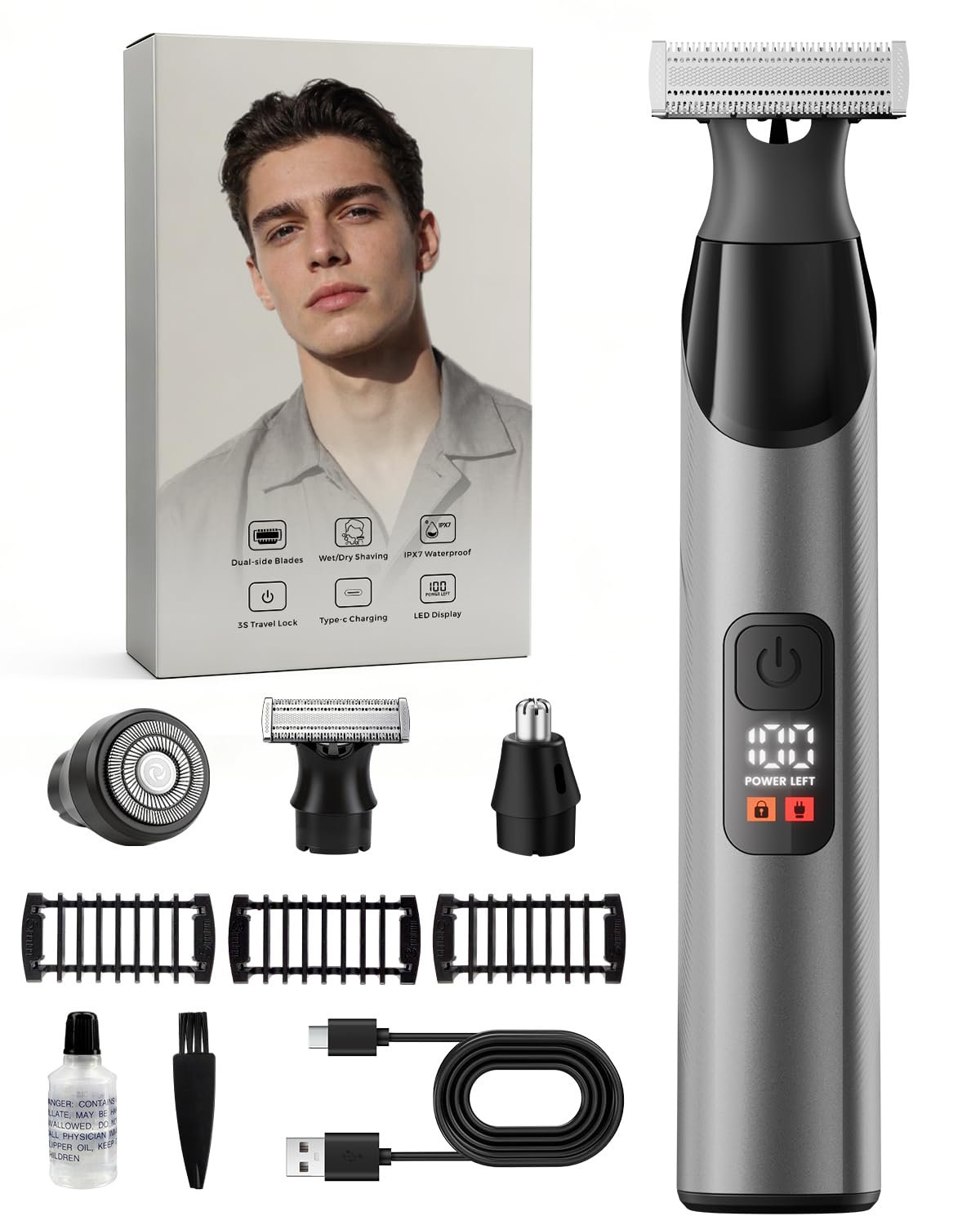 Beard Trimmer for Men & Body Hair Trimmer, Dual-Sided Blade for Beard Shaping and Edge Trimming, Magnetic Detachable Heads, IPX7 Waterproof, LED Display, Chrome Gray