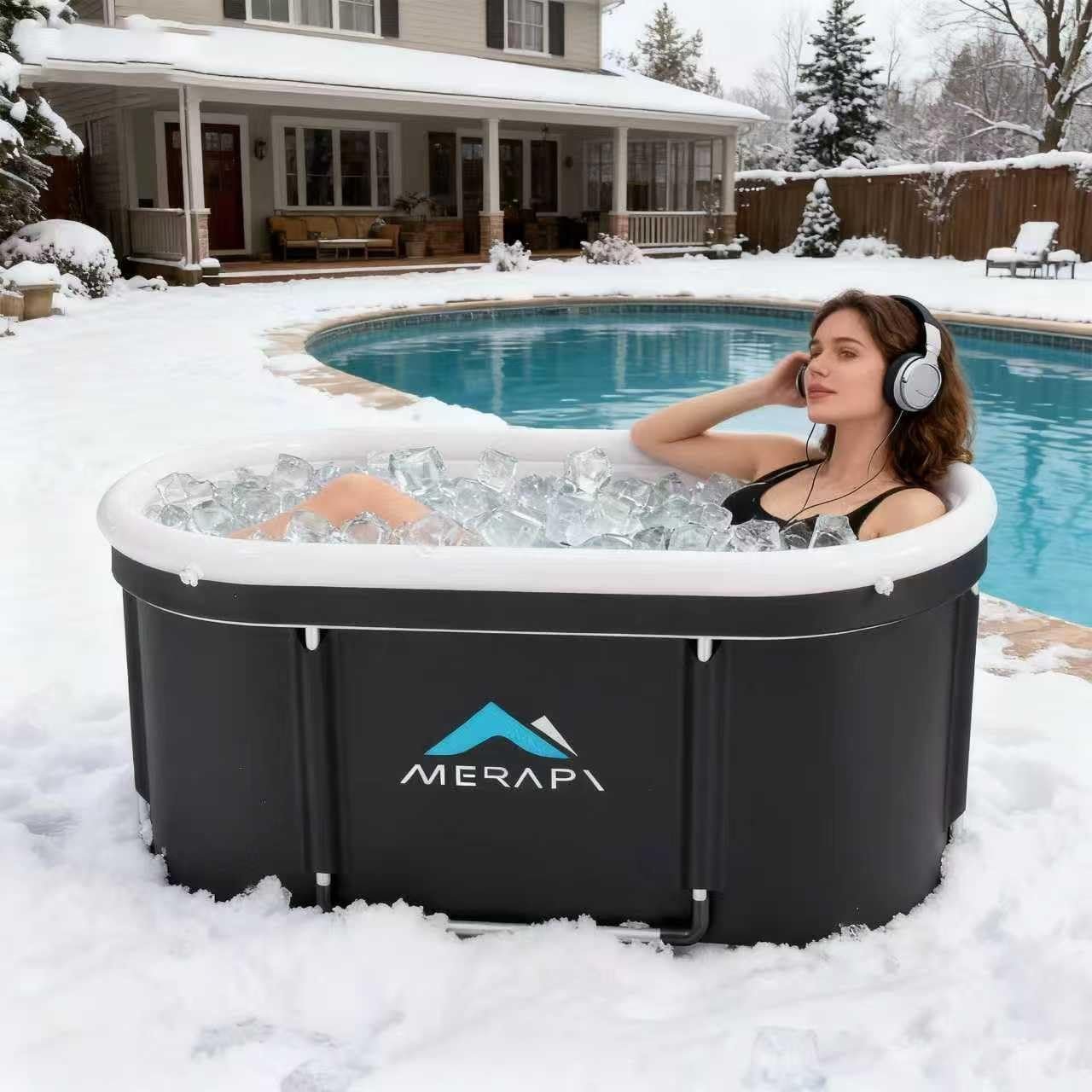 Merapi XL Ice Bath Tub for Adults, 131 Gal Cold Plunge Tub, 46” Large Oval Portable Ice Bath Tub, Foldable Cold Plunge for Home, Backyard & Outdoor Use with Drain & Neck Support