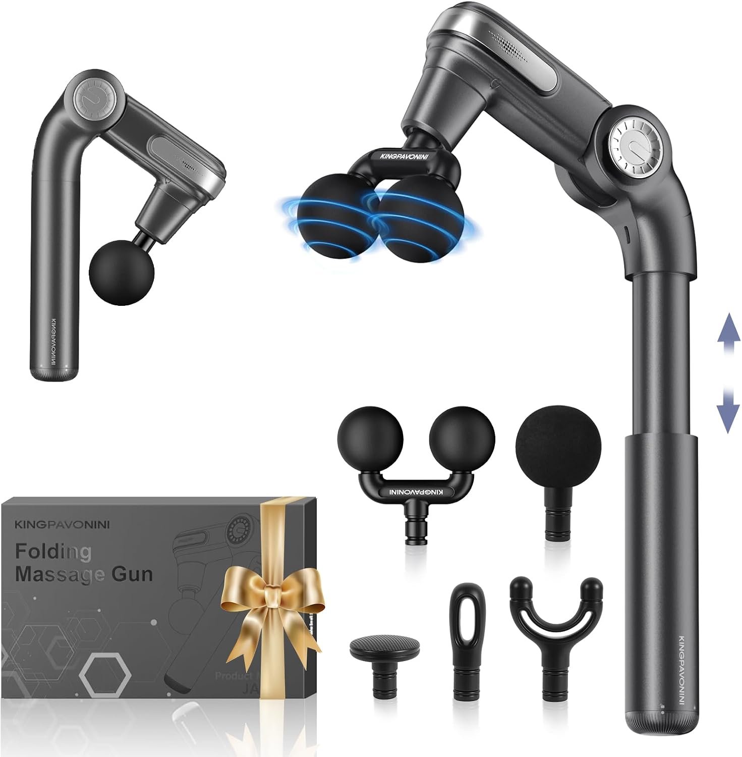 Foldable Massage Gun Deep Tissue, Dual-Ball Head, Model JA-G7 | Adjustable Head Angle, Extendable Handle, Handheld Percussion Back Massager Gun for Pain Relief, Gift for Men Women