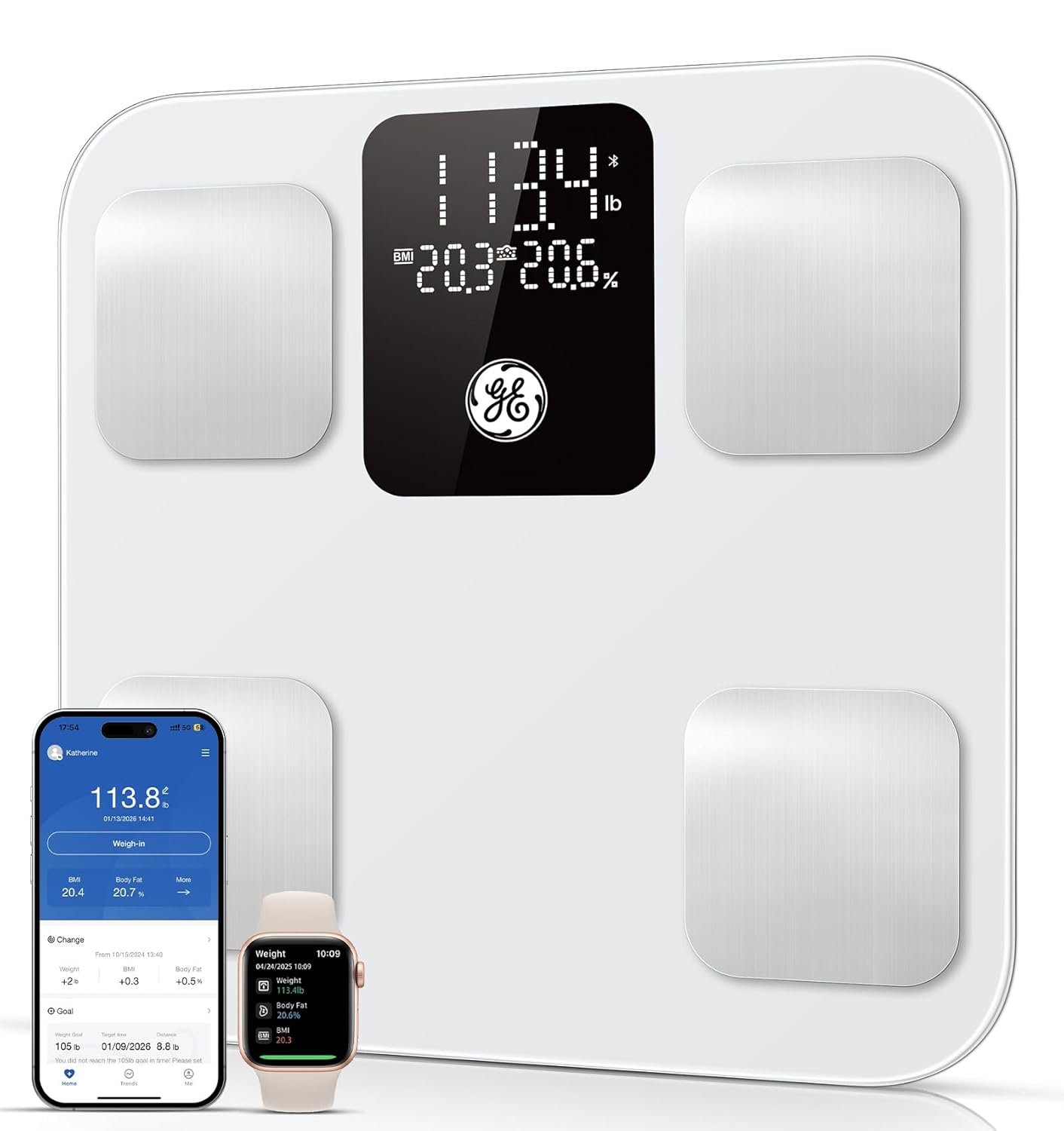GE Smart Scale for Body Weight, Body Fat, BMI, 3-in-1 LED Dislpay, 11-inch | 14 Body Composition Analyzer Digital Bathroom Scale, Highly Accurate Bluetooth Weighing Scale Health Monitor with App, 400 lb