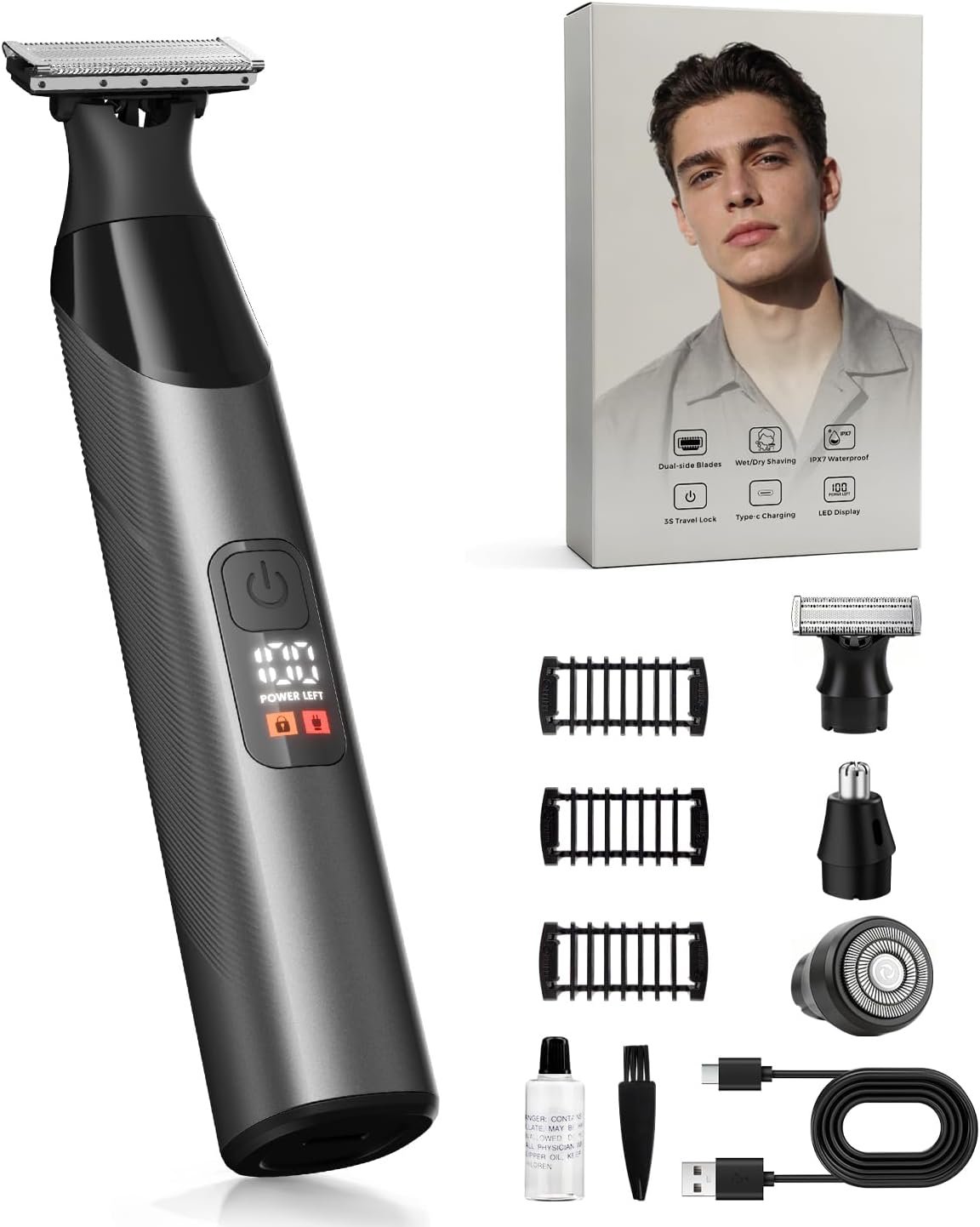 Prettywill Beard Trimmer for Men & Body Hair Trimmer, Dual-Sided Blade for Beard Shaping and Edge Trimming, Magnetic Detachable Heads, IPX7 Waterproof, LED Display, Stardust Grey