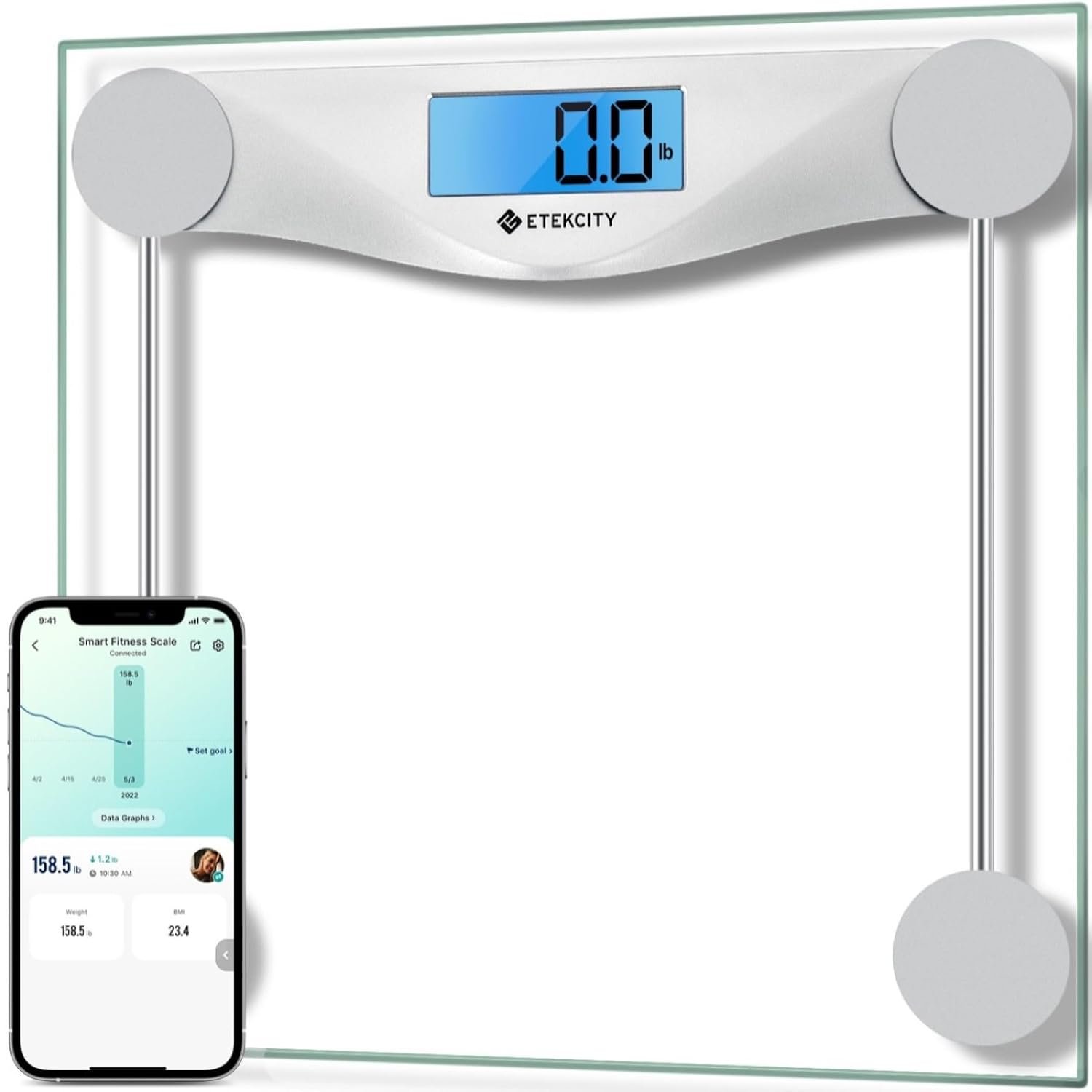 Etekcity Bluetooth Bathroom Scale for Body Weight and BMI, 400 Pounds | Upgraded Digital Design, Large Blue LCD Backlight Display, High Precision Measurements for Home Use