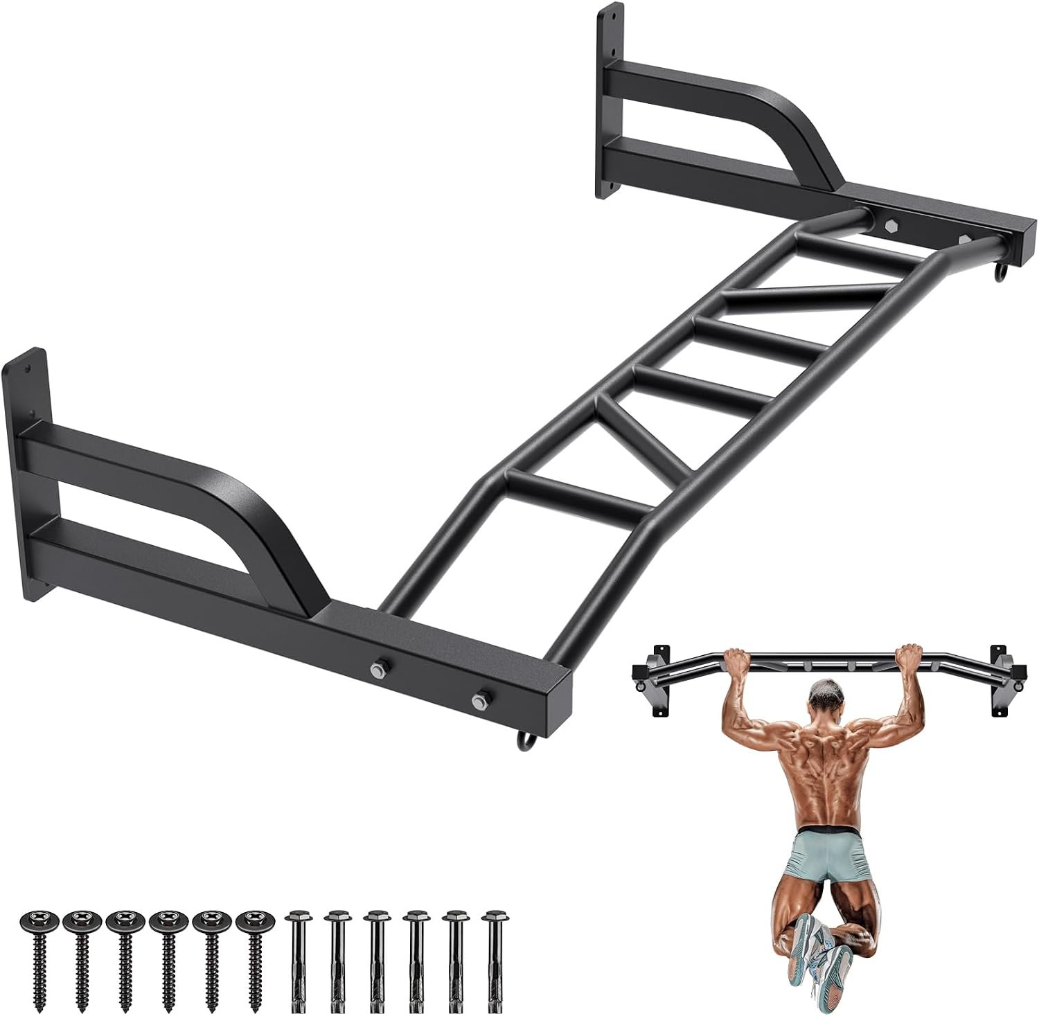 SELEWARE 48” Heavy Duty Wall Mount Pull Up Bar with Cable Pulley System | Multi-function Chin up Bar with Cable Pulleys LAT Pulldown Attachments Heavy Bag Hanger for Home/Garage Gym Strength Training