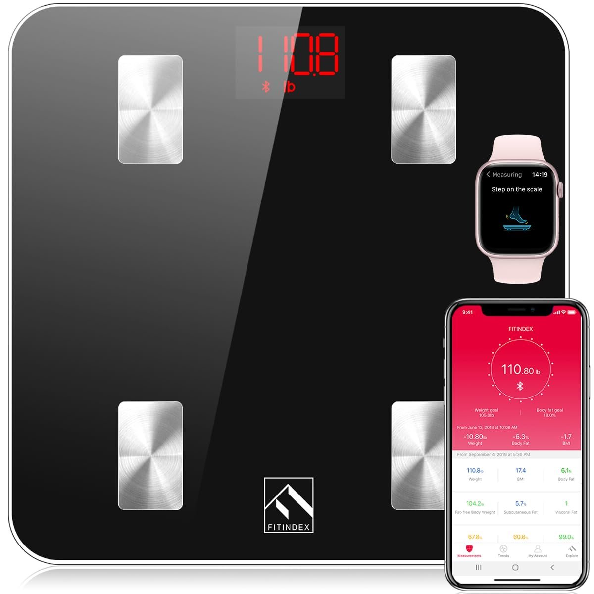 FITINDEX Scale with BMI, Body Fat, Muscle Mass, Smart Scale for Body Weight, Bluetooth, Digital, Sync with App, User Health Equipment | Body Composition Scale for Body Weight, High Accuracy for Weight Loss, Batteries Included, Multi-User Support, Home Use
