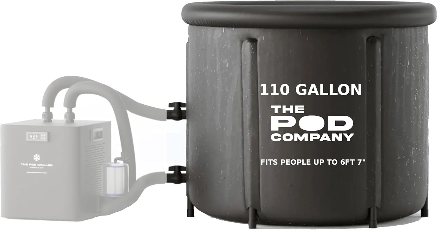 The Pod Company Ice Pod Pro Cold Plunge Tub, 110 Gallon (420L) Inflatable Ice Bath for Adults, Fits Up to 6’7″, Insulated, Chiller Compatible, BPA-Free, UV-Resistant Nylon, Dual Drain Hoses