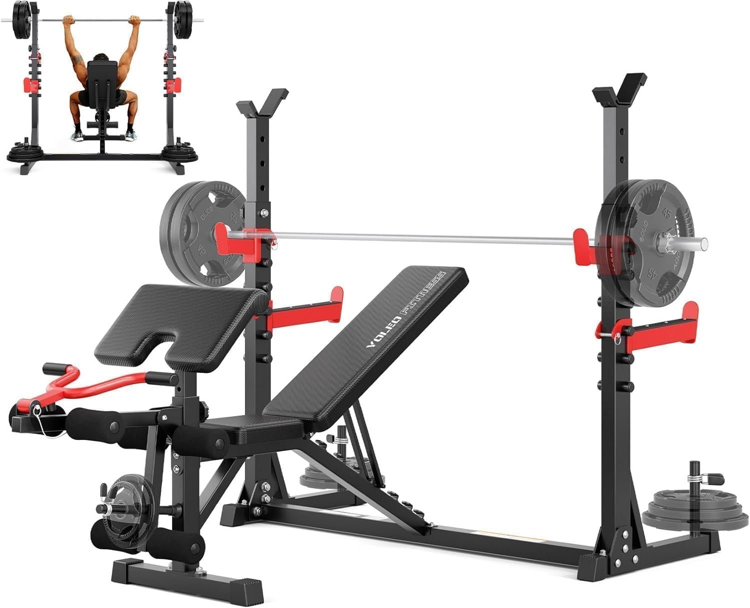 YOLEO Olympic Weight Bench Set, Heavy Duty Bench Press Rack for Home Gym | 47.5″ Wide Grip Fits 6-7ft Bar, Adjustable FID Bench with Leg Extension & Preacher Curl, 1980LBS ASTM for Full Body Strength