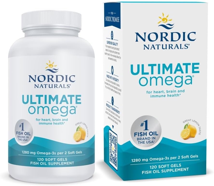 Nordic Naturals Ultimate Omega, 1280mg Omega-3 Fish Oil, Lemon – 120 Count | High-potency Omega-3 Fish Oil with EPA & DHA supports brain & heart health. Non-GMO, burpless formula. 60 servings.