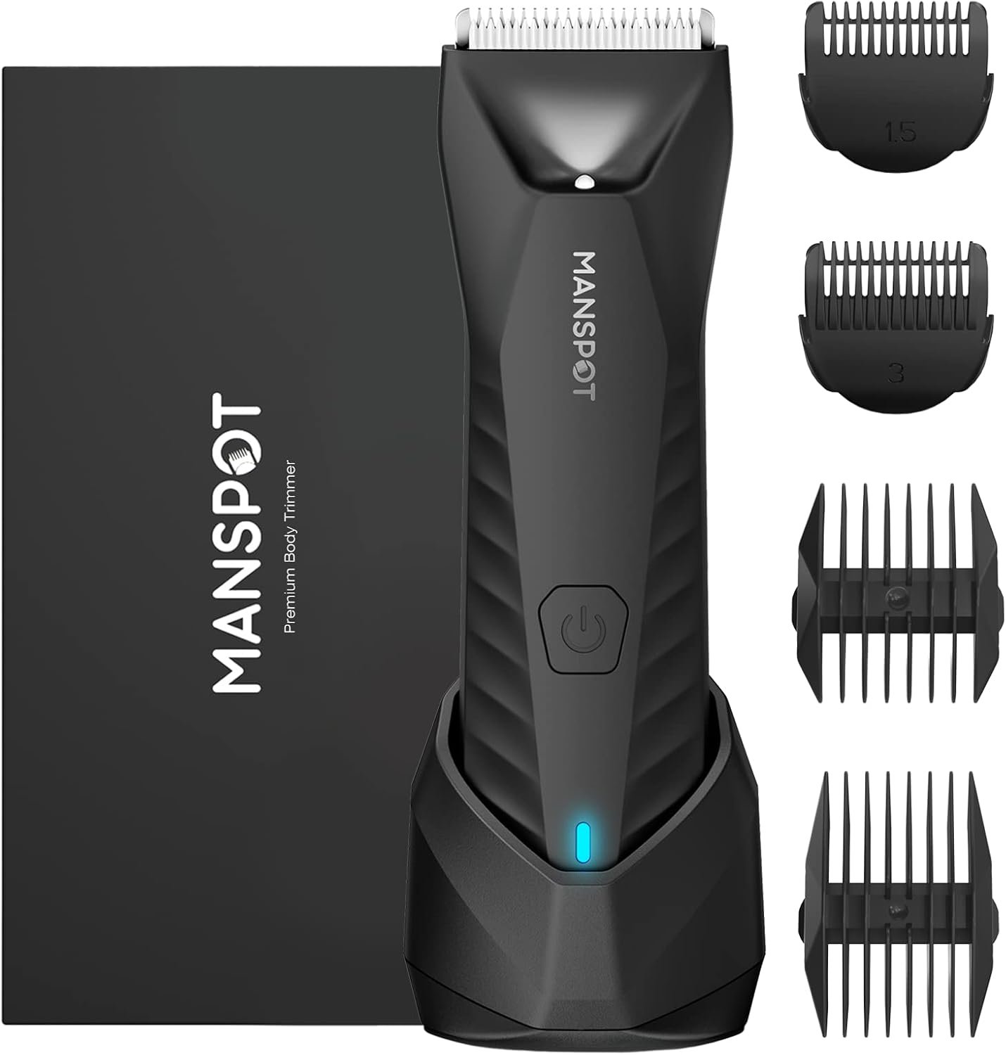 MANSPOT Manscape Body & Groin Hair Trimmer for Men, Electric Pubic Trimmer | Replaceable Ceramic Blade Heads, IPX7 Waterproof for Wet/Dry Use, Led Display, Standing Recharge Dock, 90 Minutes Shaving