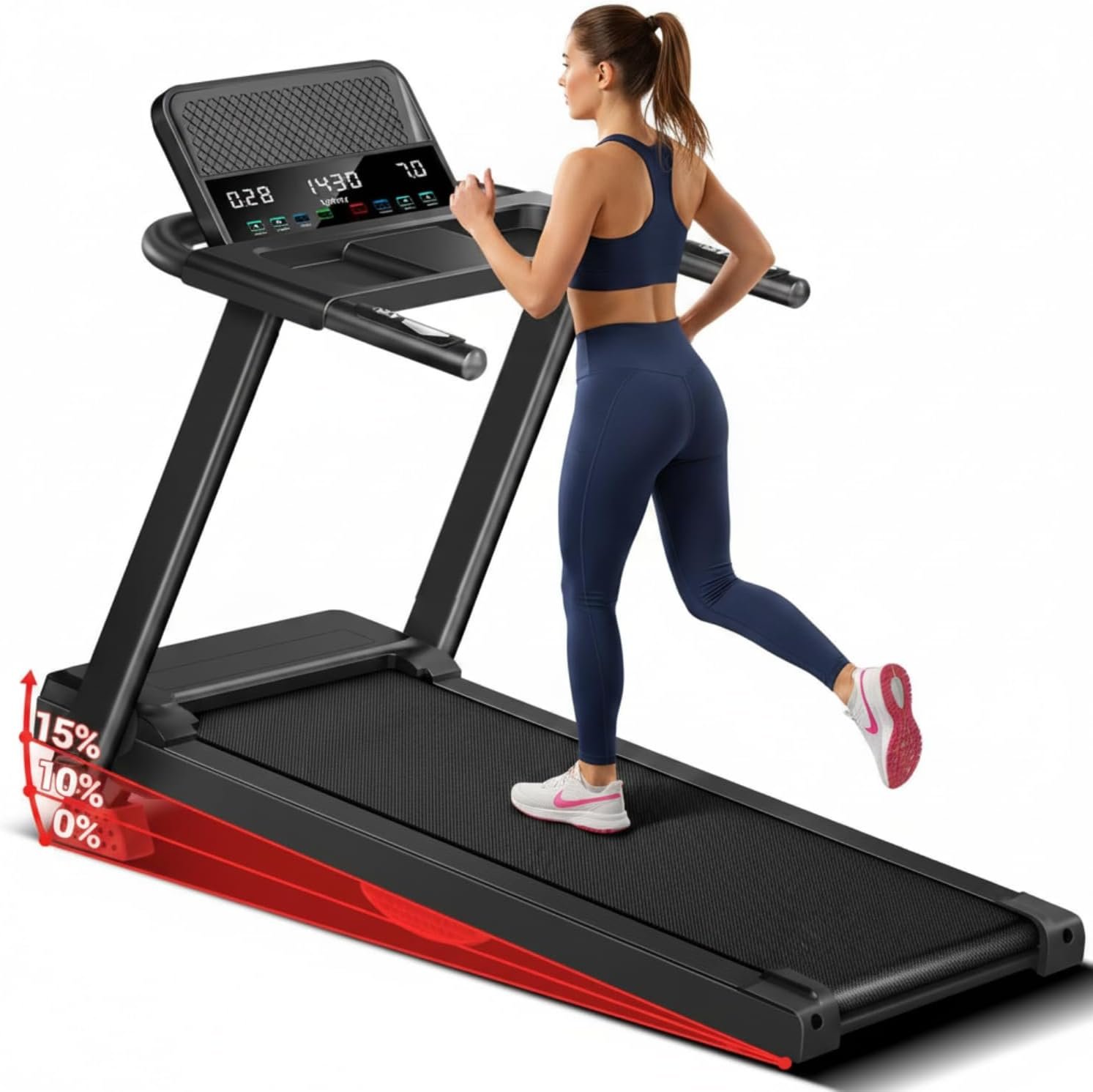 UMAY 15% Incline Treadmill for Home with Heart Rate Monitoring | Foldable & Portable Treadmills with 3 LED Screens Up to 300Lbs Capacity, Walking Pad Treadmill 0.6-7.5MPH, True Black
