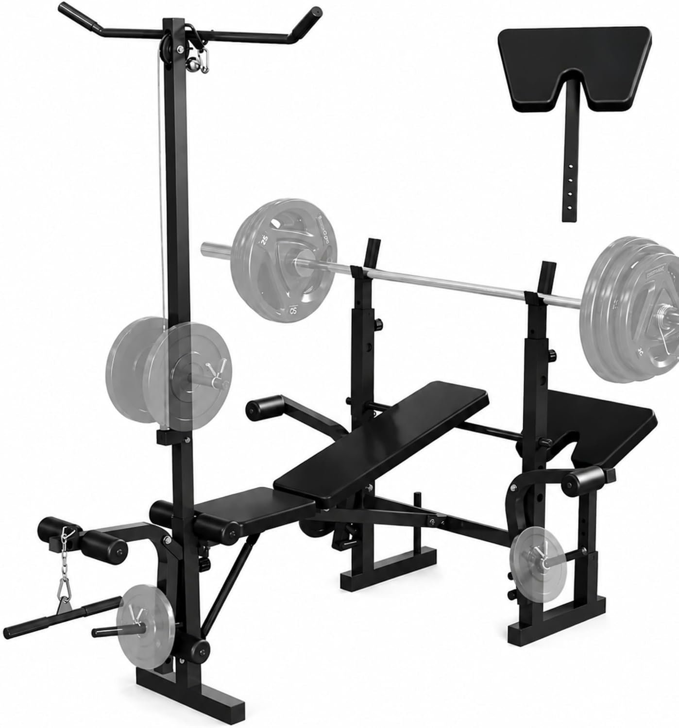 Garvee 8 in 1 Adjustable Weight Bench Set, Lat Pulldown & Leg Extension Foldable Bench Press Set with Preacher Curl Pad, Chest Fly, Leg Curl, Rack, Full Body Home Gym Strength Training Equipment