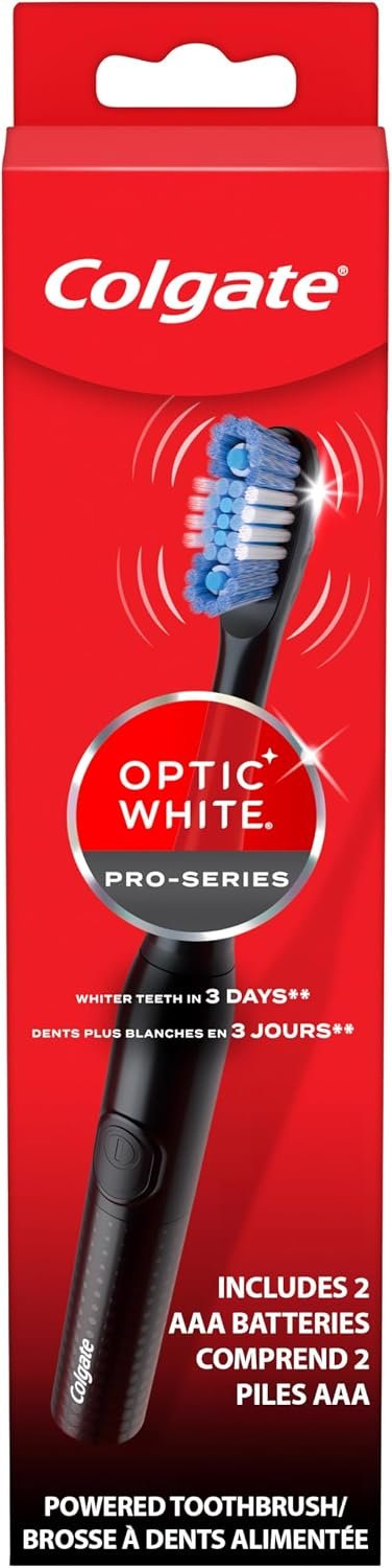 Colgate Optic White Pro-Series Battery Operated Electric Toothbrush, Soft | Whitening Toothrush, Built-In Brush Timer, Soft Bristles, Battery Powered, Black