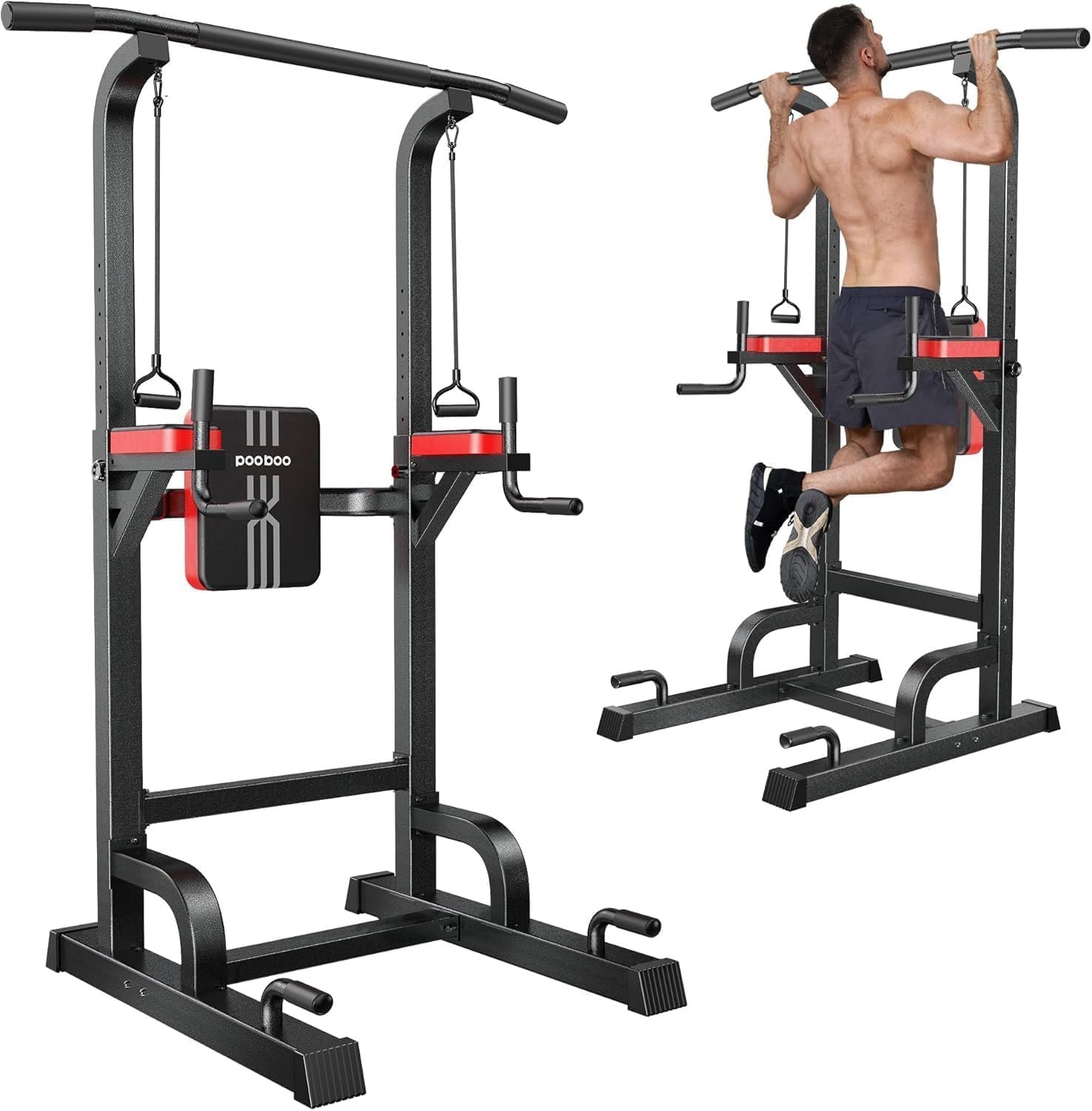 Pull Up Bar Power Tower Dip Station, 450LB Adjustable Home Gym Equipment | 11-height adjustment supports pull ups, dips, knee raises, push ups and versatile full-body strength training