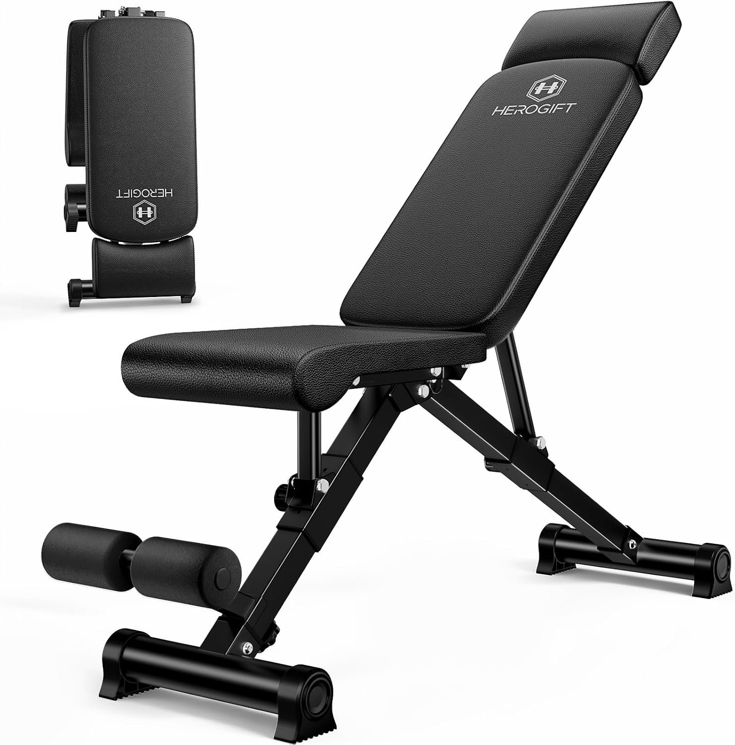 HEROGIFT Adjustable Weight Bench, 144 Configurations with 3-Position Headrest, Foldable Workout Bench with Extended Backrest, 600 LB Capacity for Home Gym Full Body Strength Training